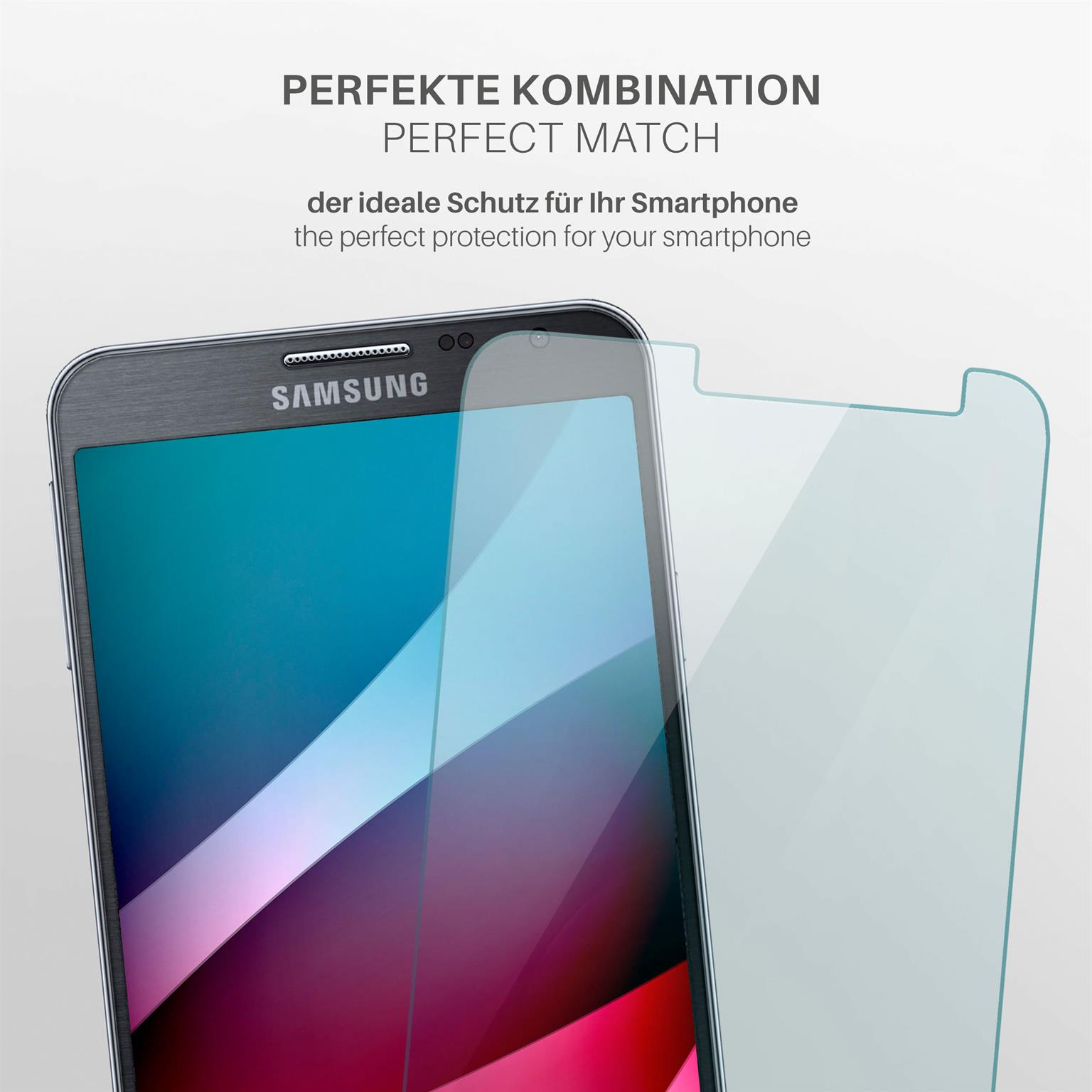 Telefon mit angebrachter Displayschutzfolie. Text: Perfekte Passform, für Smartphones.