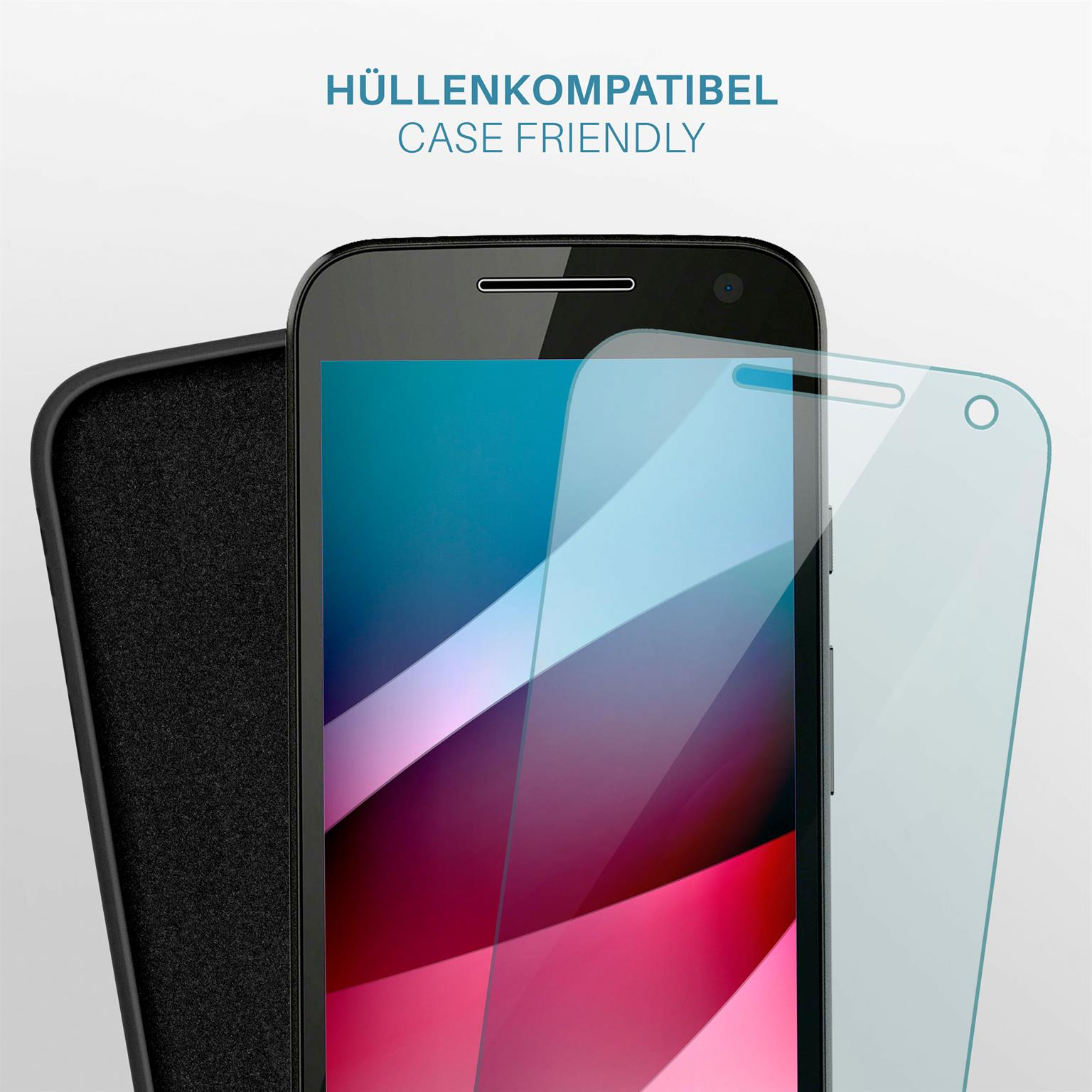 Ein Telefon mit Displayschutzfolie neben einer Handyhülle. Das Telefon zeigt einen bunten Hintergrund.