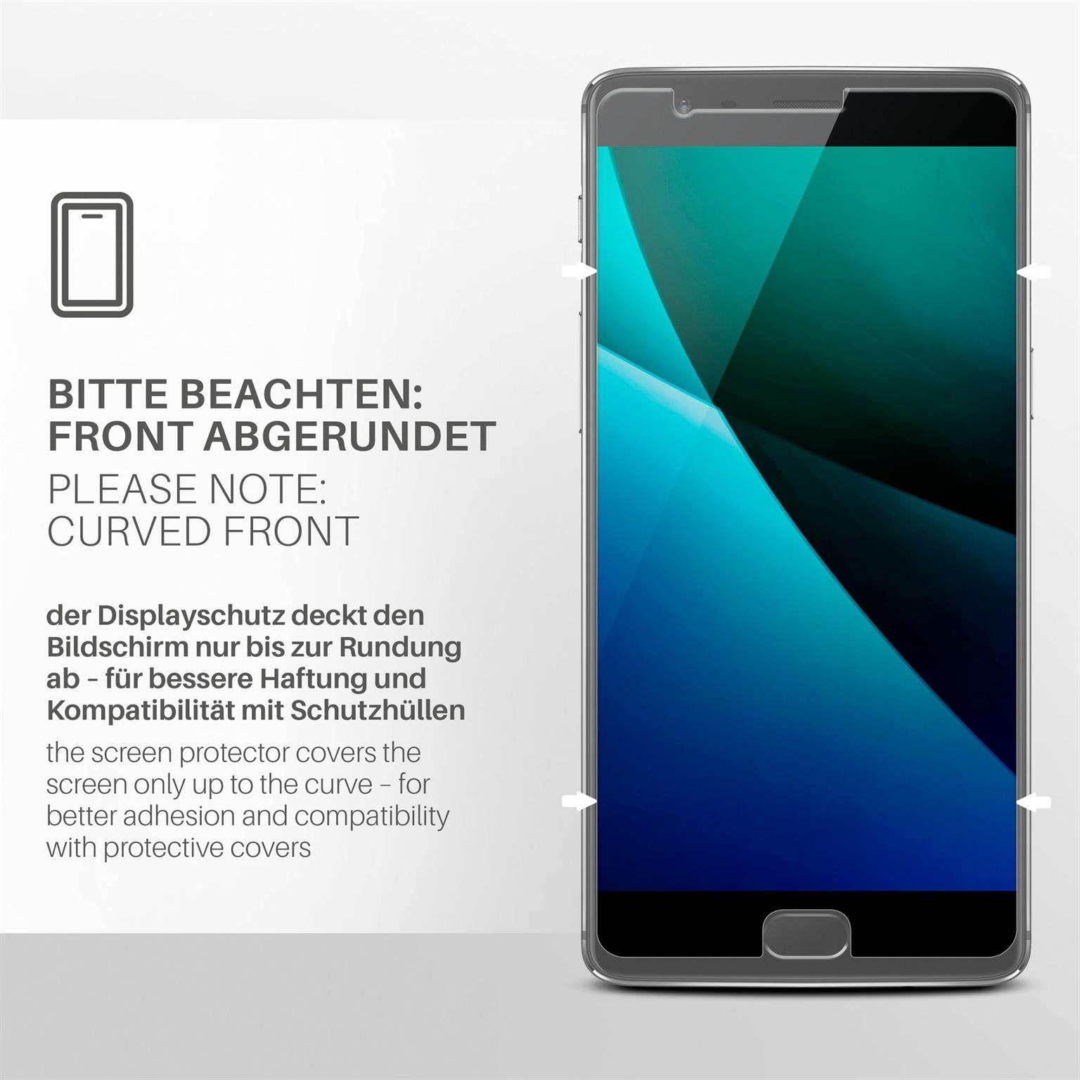 Bild eines Telefons mit gewölbter Front, zeigt den Displayschutz, der nur einen Teil des Bildschirms bedeckt.