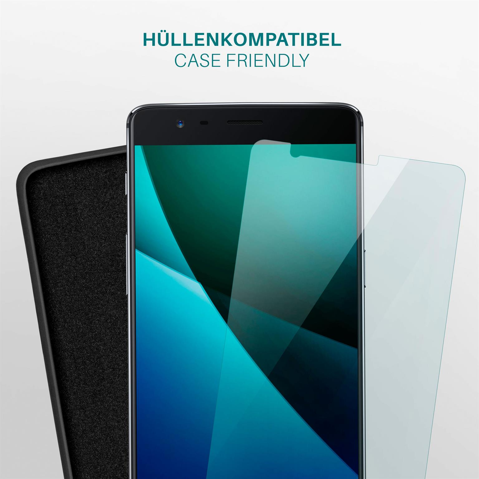 Telefonbildschirm mit Displayschutz und Hülle. Eine schwarze Hülle ist sichtbar.