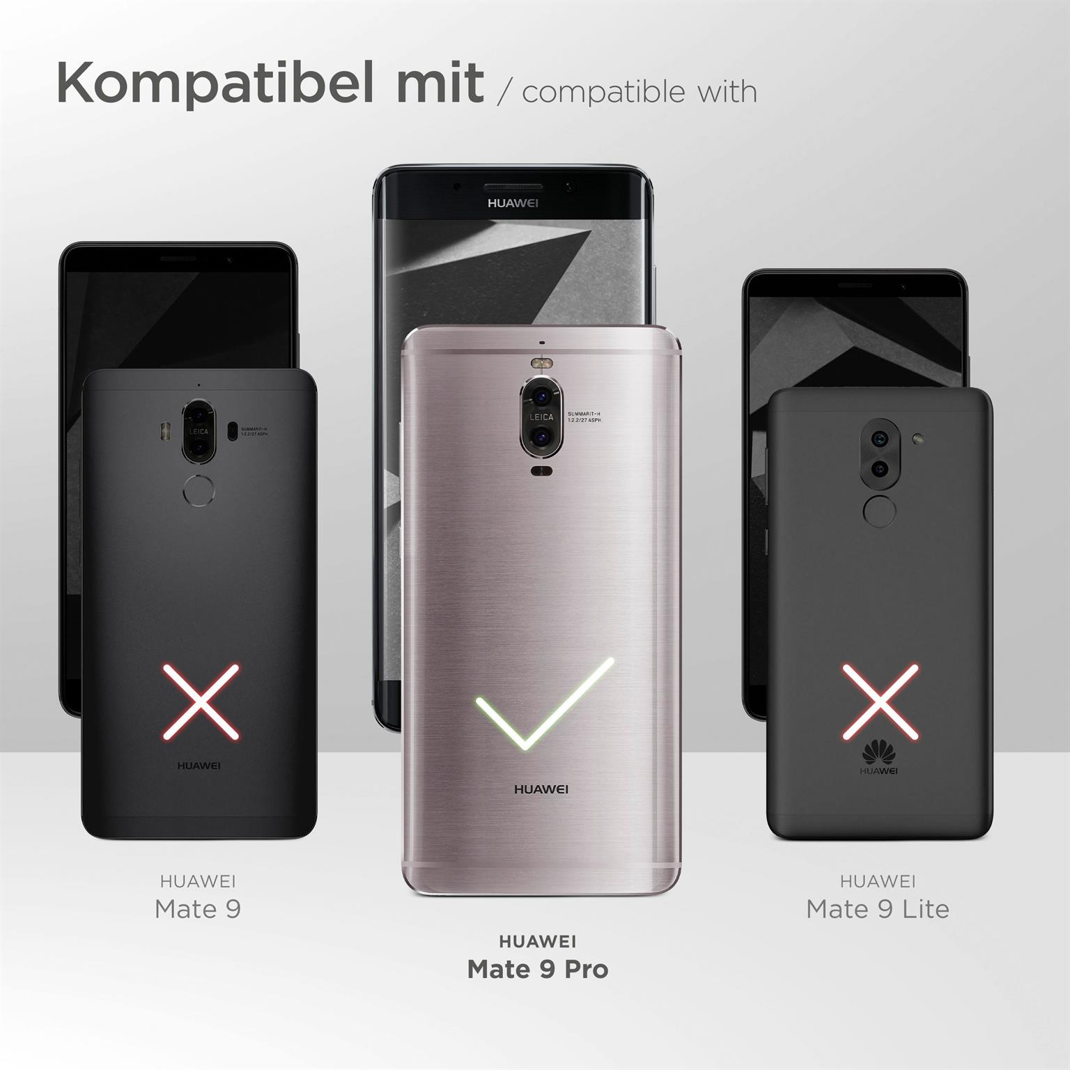 Drei Telefone, eines mit Hülle, zeigen die Kompatibilität mit Huawei Mate 9 Pro.