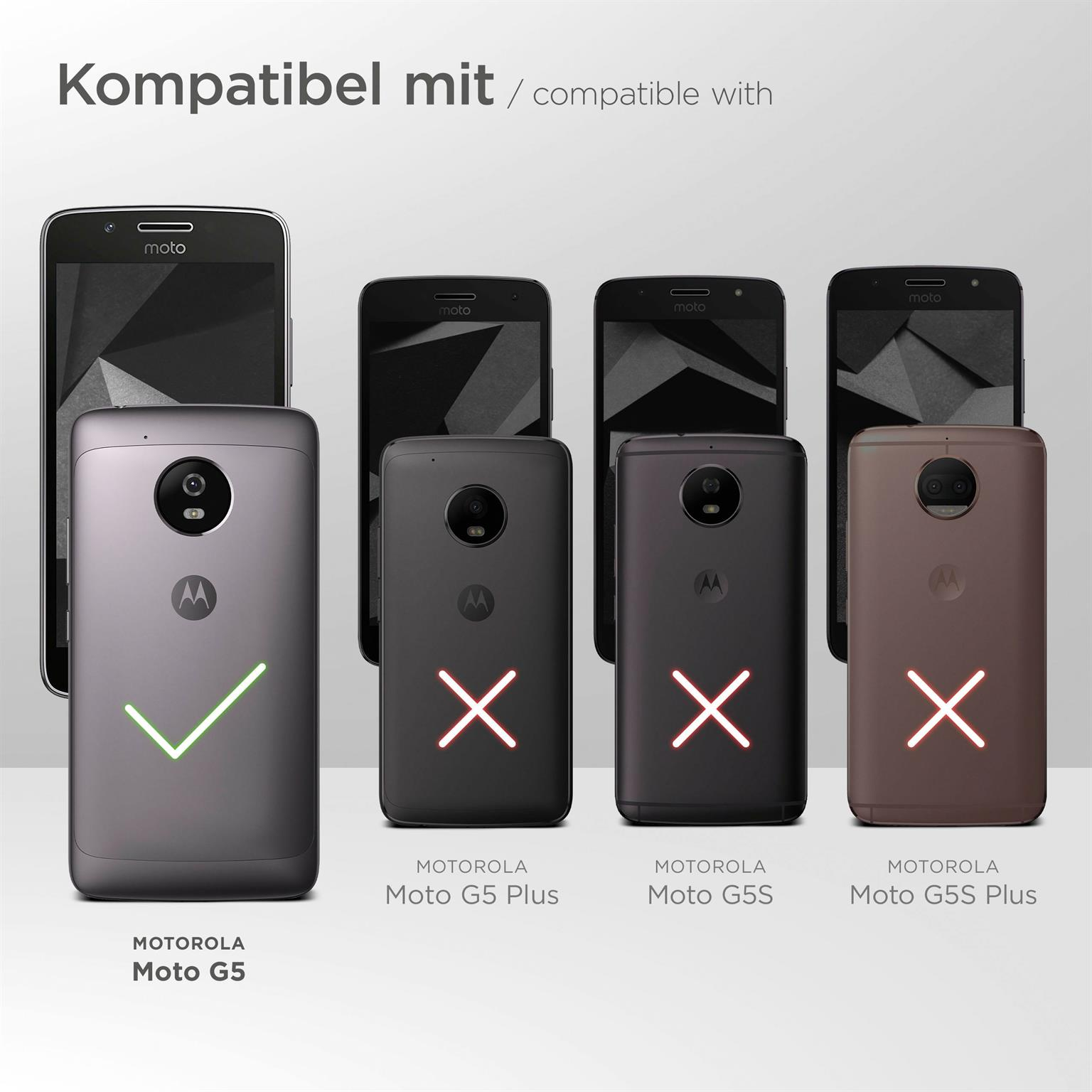 Motorola Moto G5 Telefon in grauem Gehäuse mit Häkchen und andere inkompatible Telefone.