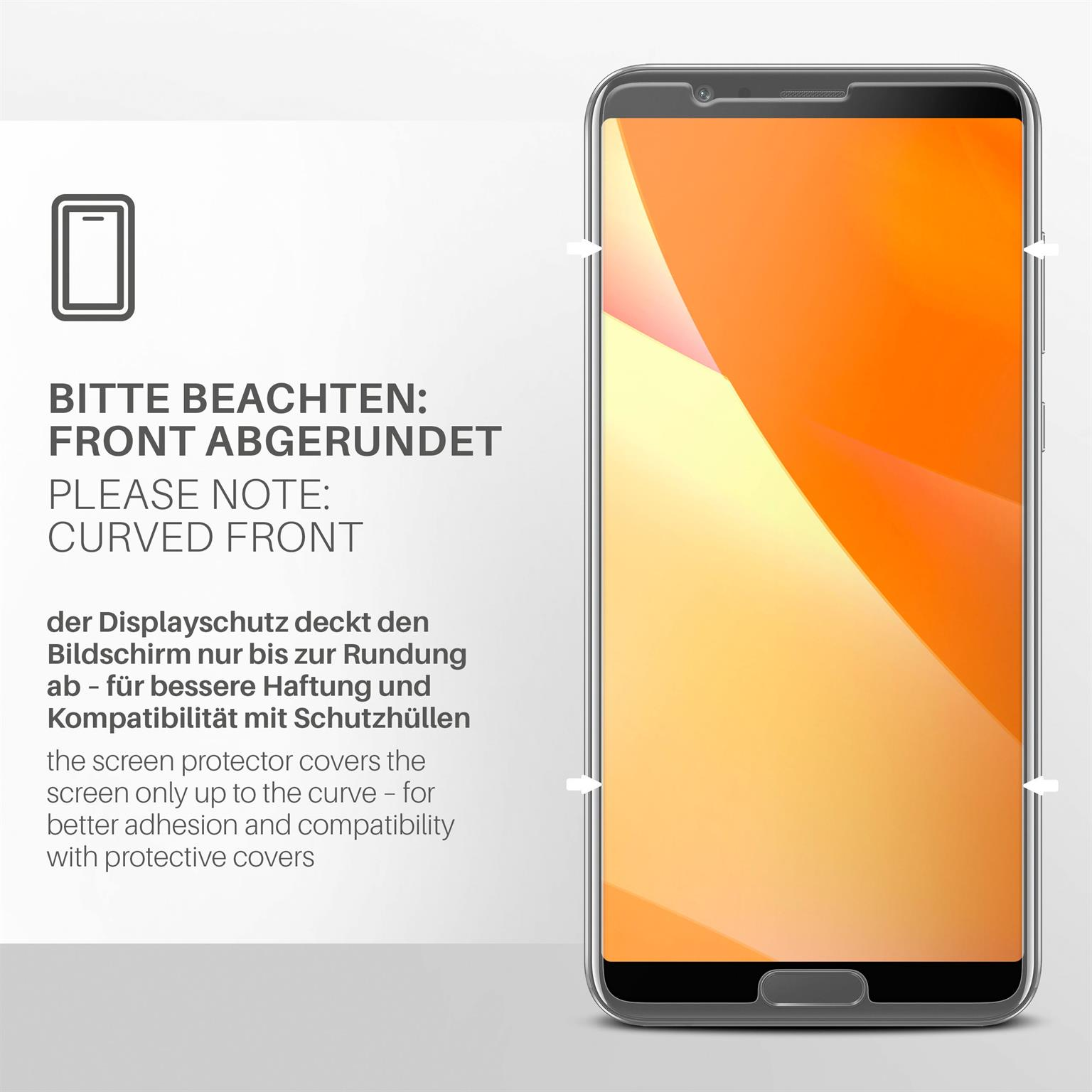 Telefon mit Displayschutzfolie. Gebogene Front, Text über die Displayschutzfolie. Weißer Hintergrund.