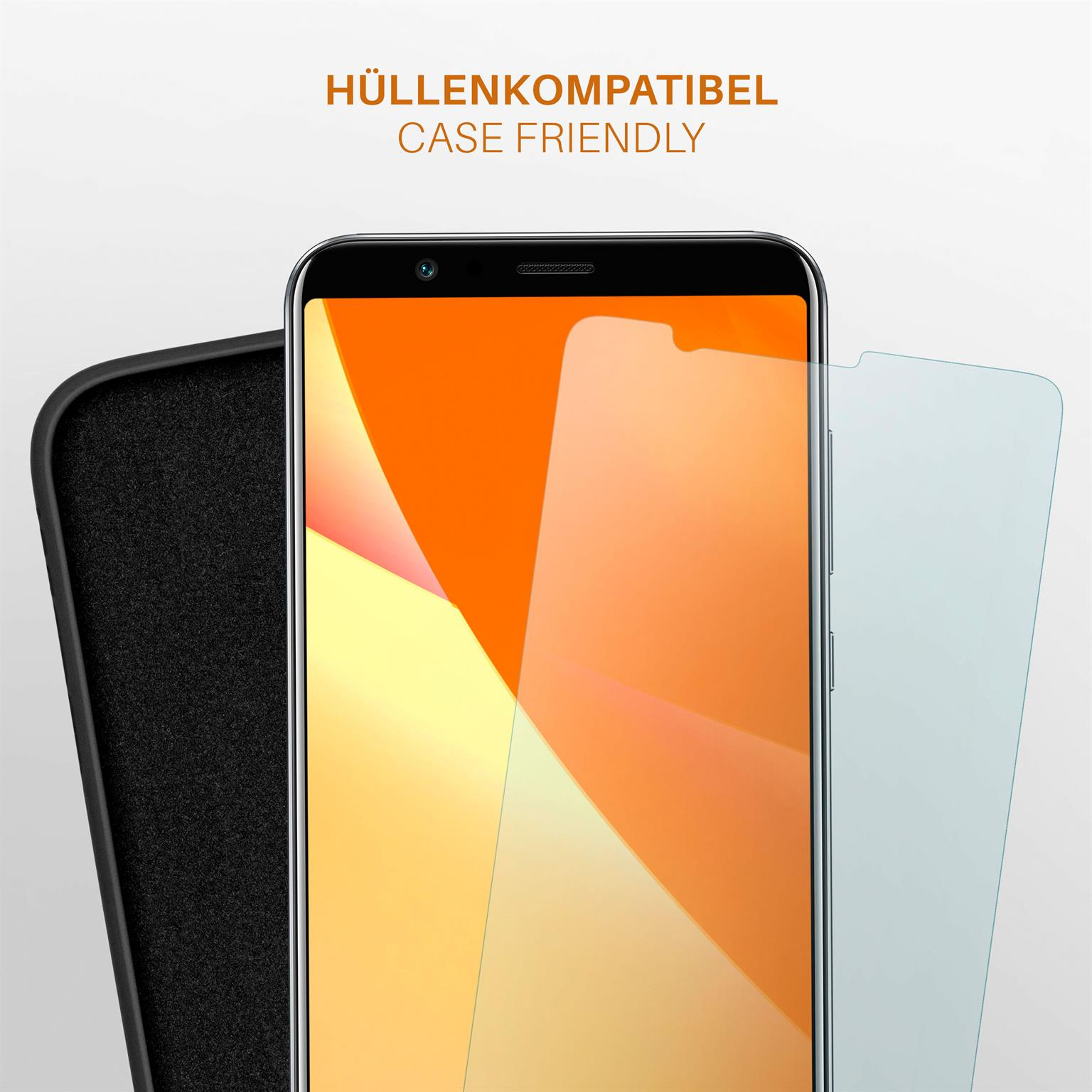 Smartphone mit Displayschutzfolie und Hülle. Eine schwarze Hülle und eine blaue Schutzfolie sind zu sehen.