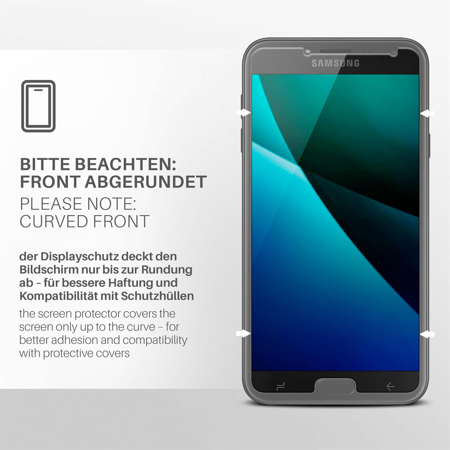 Ein Displayschutz mit dem Text "curved front" und ein Telefon.