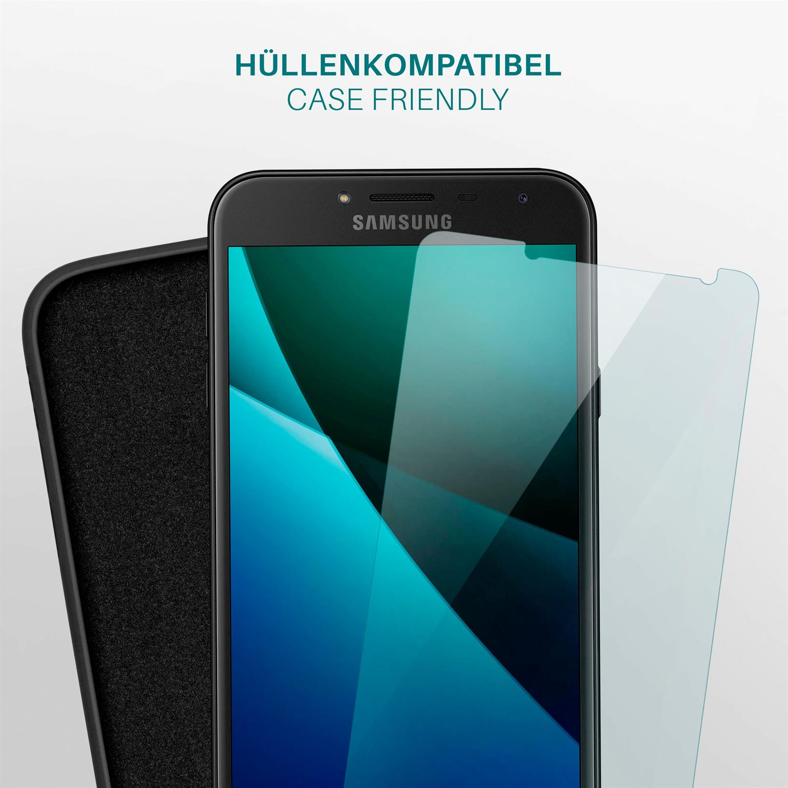 Ein Samsung-Telefon mit Displayschutzfolie und Hülle. Der Text lautet 'Case Friendly'.