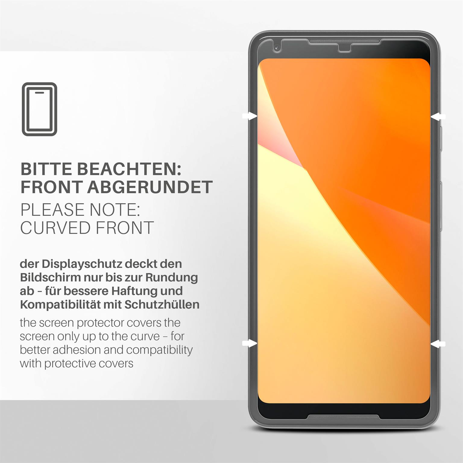 Ein Telefon mit Displayschutz, mit dem Text 'curved front' und Pfeilen.