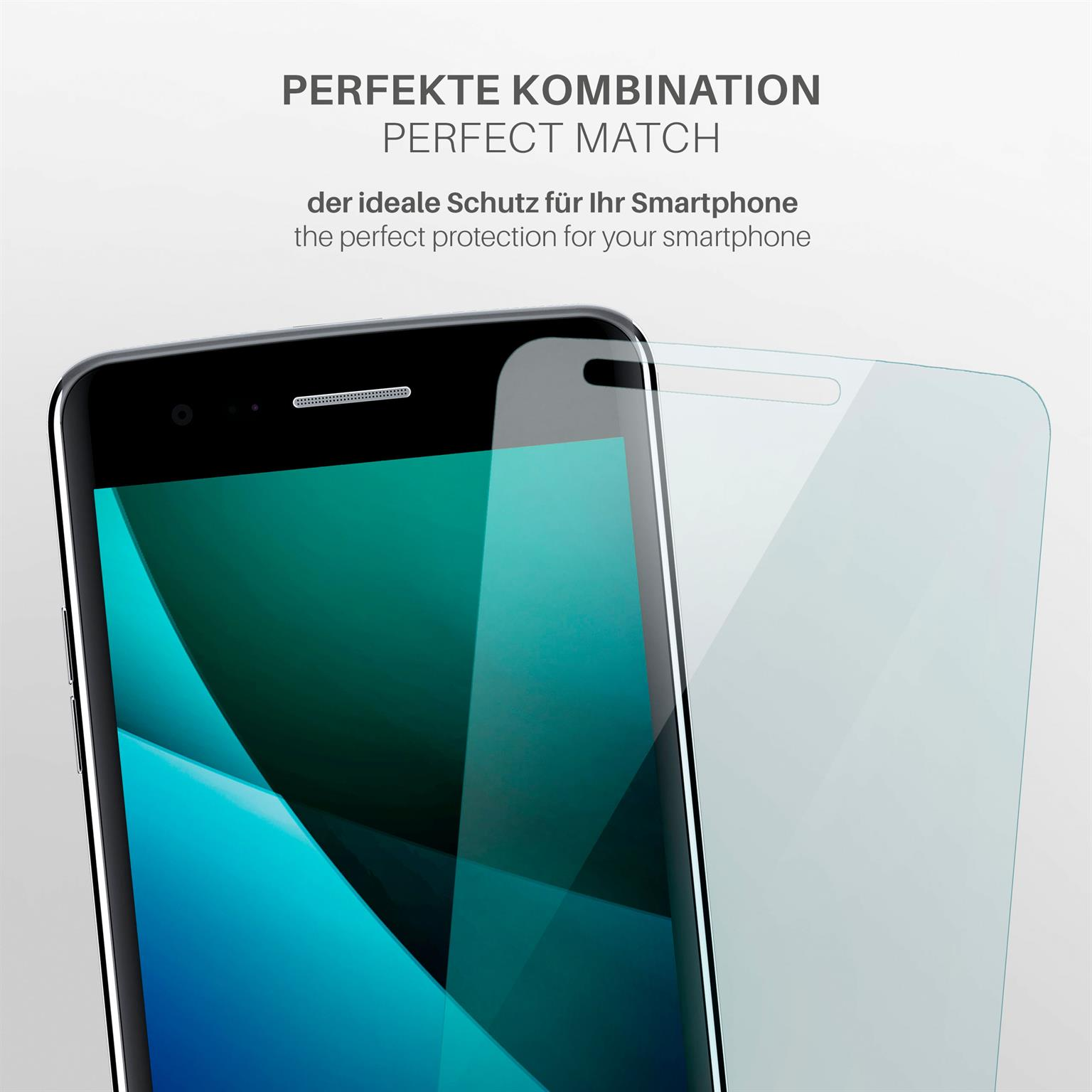 Smartphone mit Displayschutz. Telefon mit blau-grünem Bildschirm und Displayschutz.