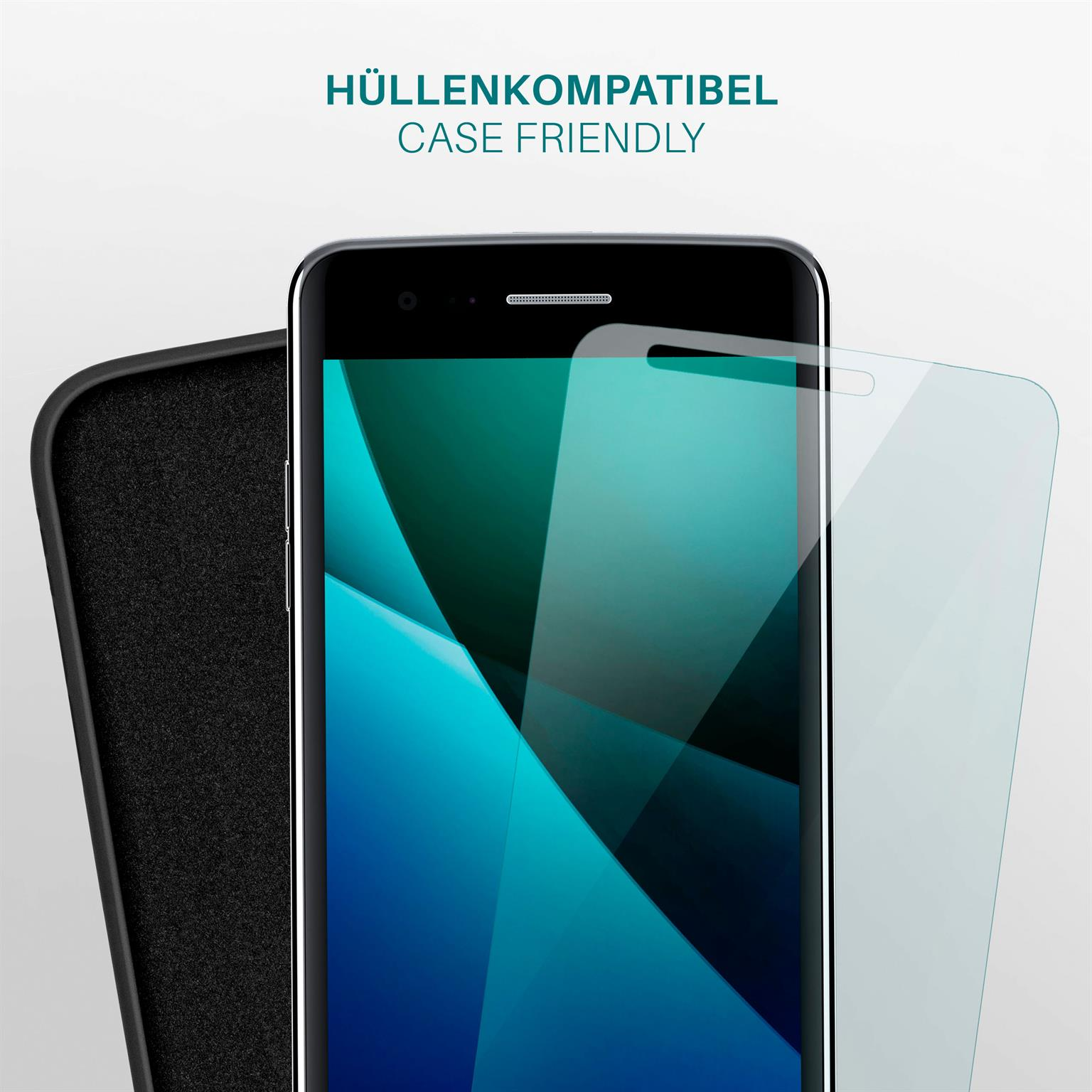 Smartphone mit Displayschutzfolie und Hülle. Text: Gehäusefreundlich. Weißer Hintergrund.