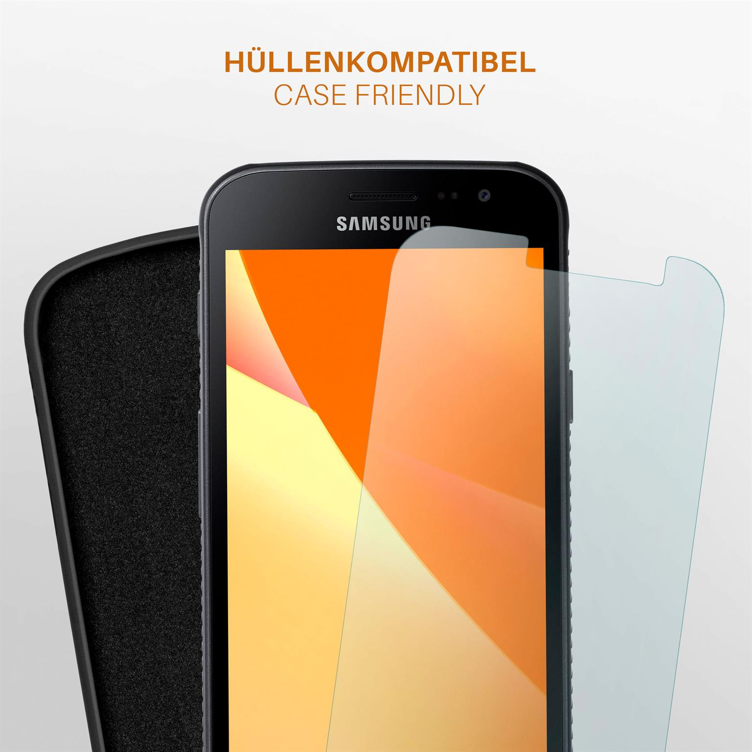 Ein Telefon mit Displayschutz und Hülle. Text: Hüllenfreundlich. Telefon ist orange und gelb. Der Schutz ist klar.