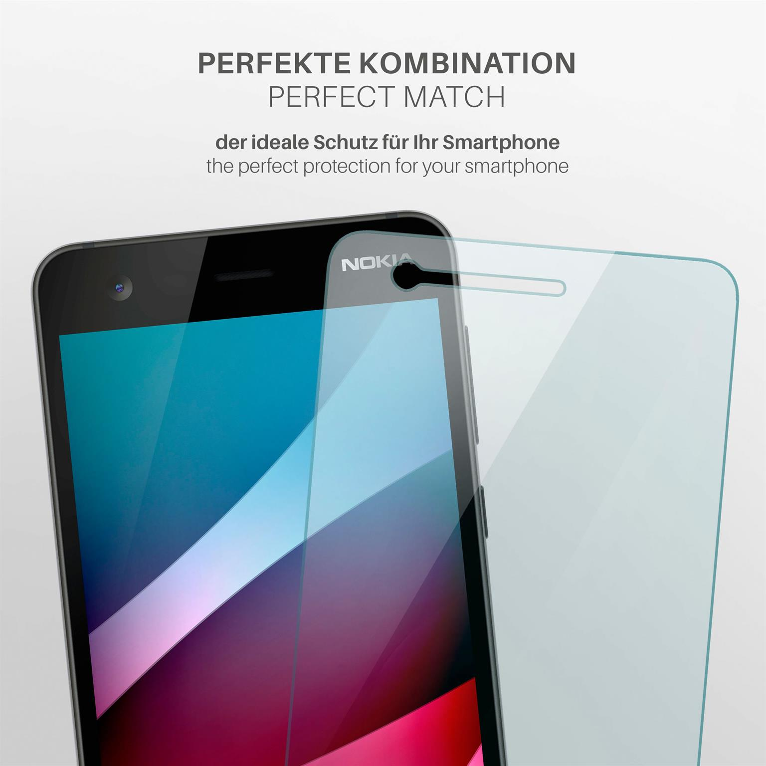 Nokia-Telefon mit angebrachter Displayschutzfolie. Text lautet 'Perfect Match'.