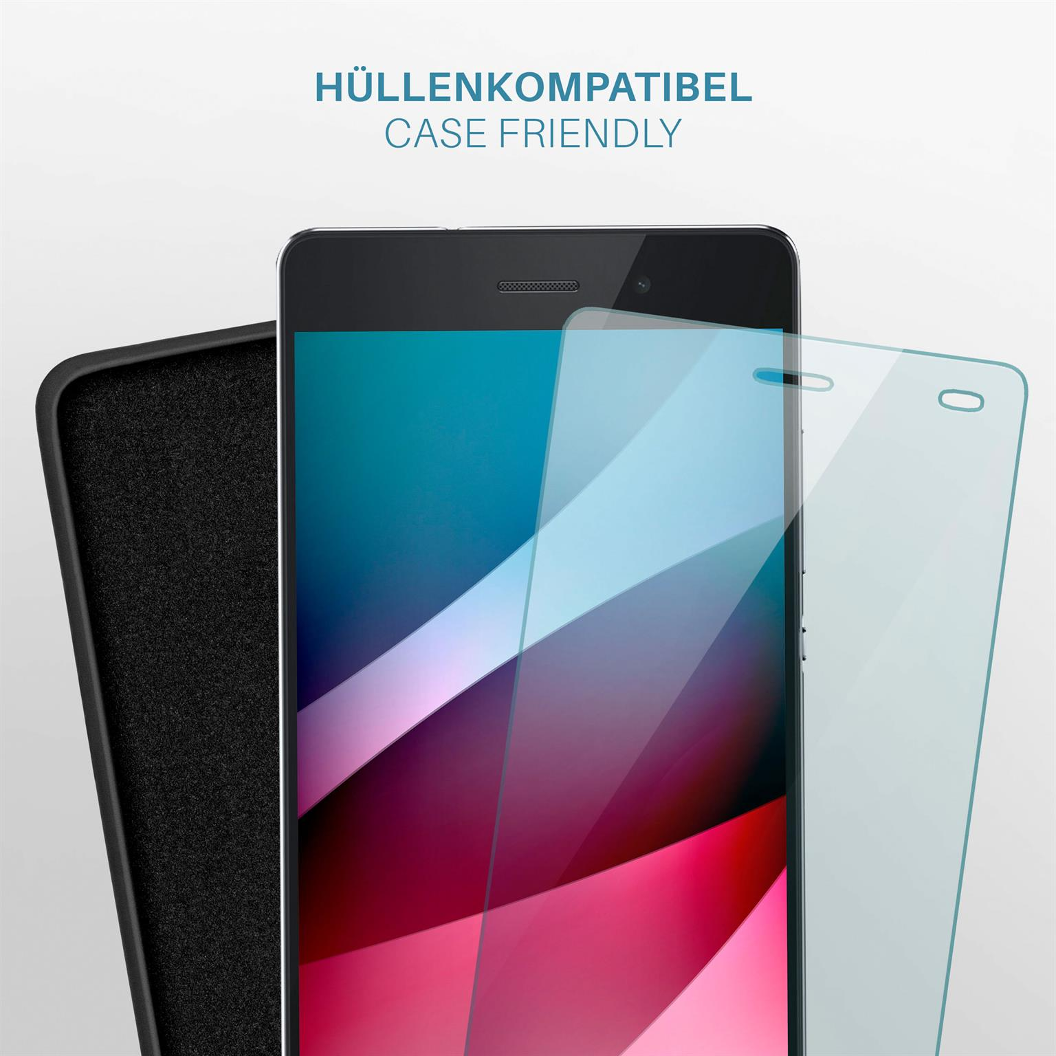 Telefonbildschirm mit Displayschutzfolie und Hülle. Text sagt 'HÜLLENKOMPATIBEL CASE FRIENDLY'.