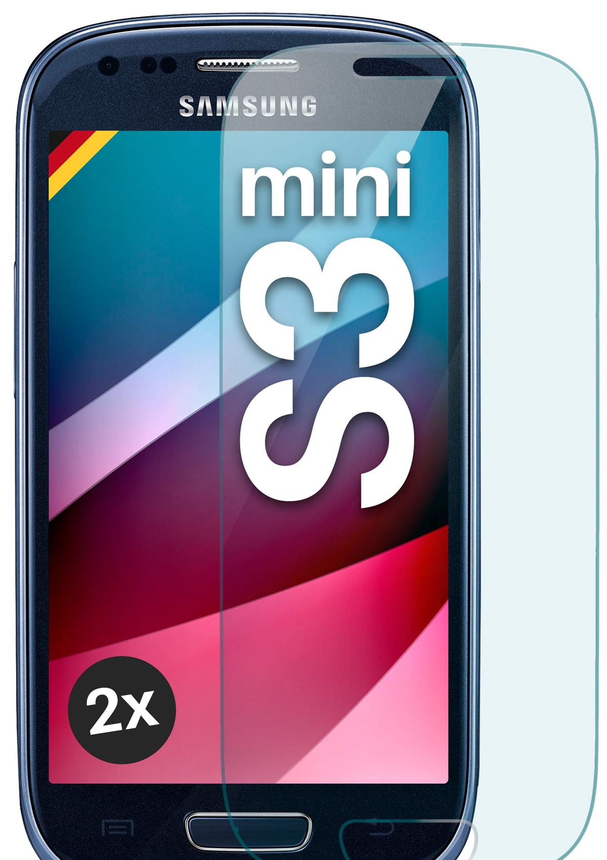 Ein Samsung S3 mini Telefon mit Displayschutzfolie. Der Bildschirm zeigt 'S3 mini'. Der Schutz ist rechts.