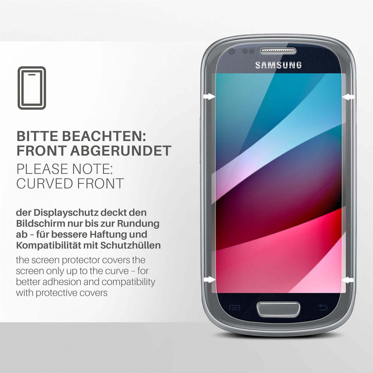 Ein Samsung-Telefon mit gewölbter Front, Displayschutzfolie und Text 'Curved Front'.