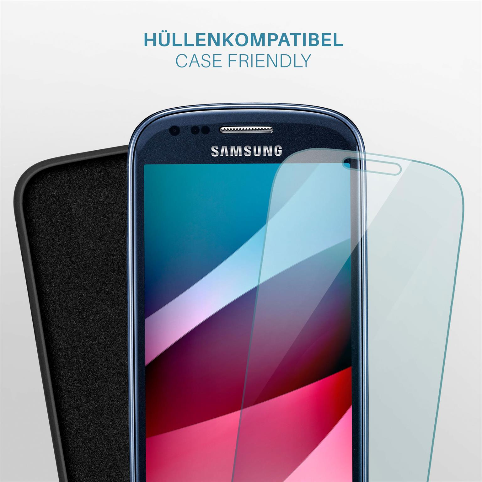 Blaues Telefon mit Displayschutzfolie und Hülle, Texte 'CASE FRIENDLY' und 'SAMSUNG' sichtbar.