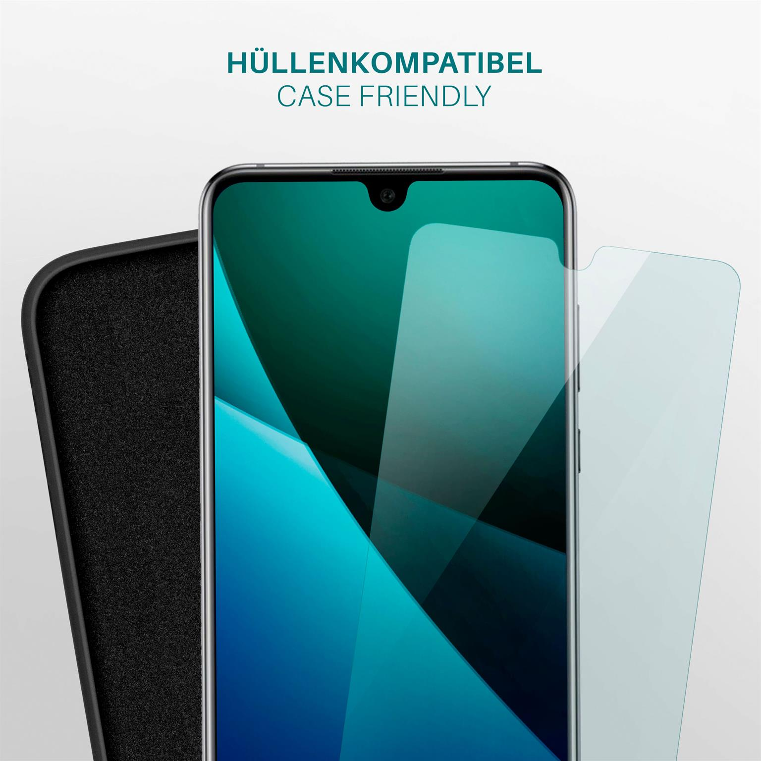 Ein Telefon mit Displayschutz und Hülle, das die perfekte Passform des Displayschutzes und die Kompatibilität der Hülle zeigt.