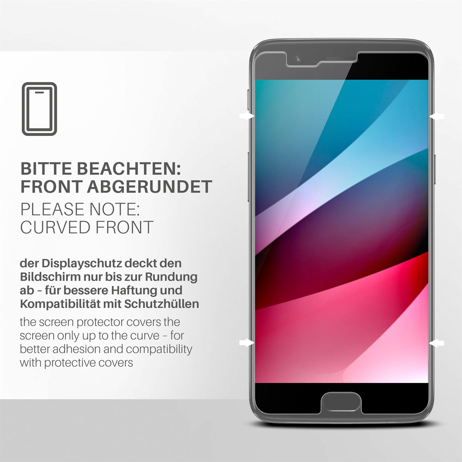Ein Smartphone auf weißem Untergrund mit Displayschutzfolie. Text zeigt die gekrümmte Vorderseite an.