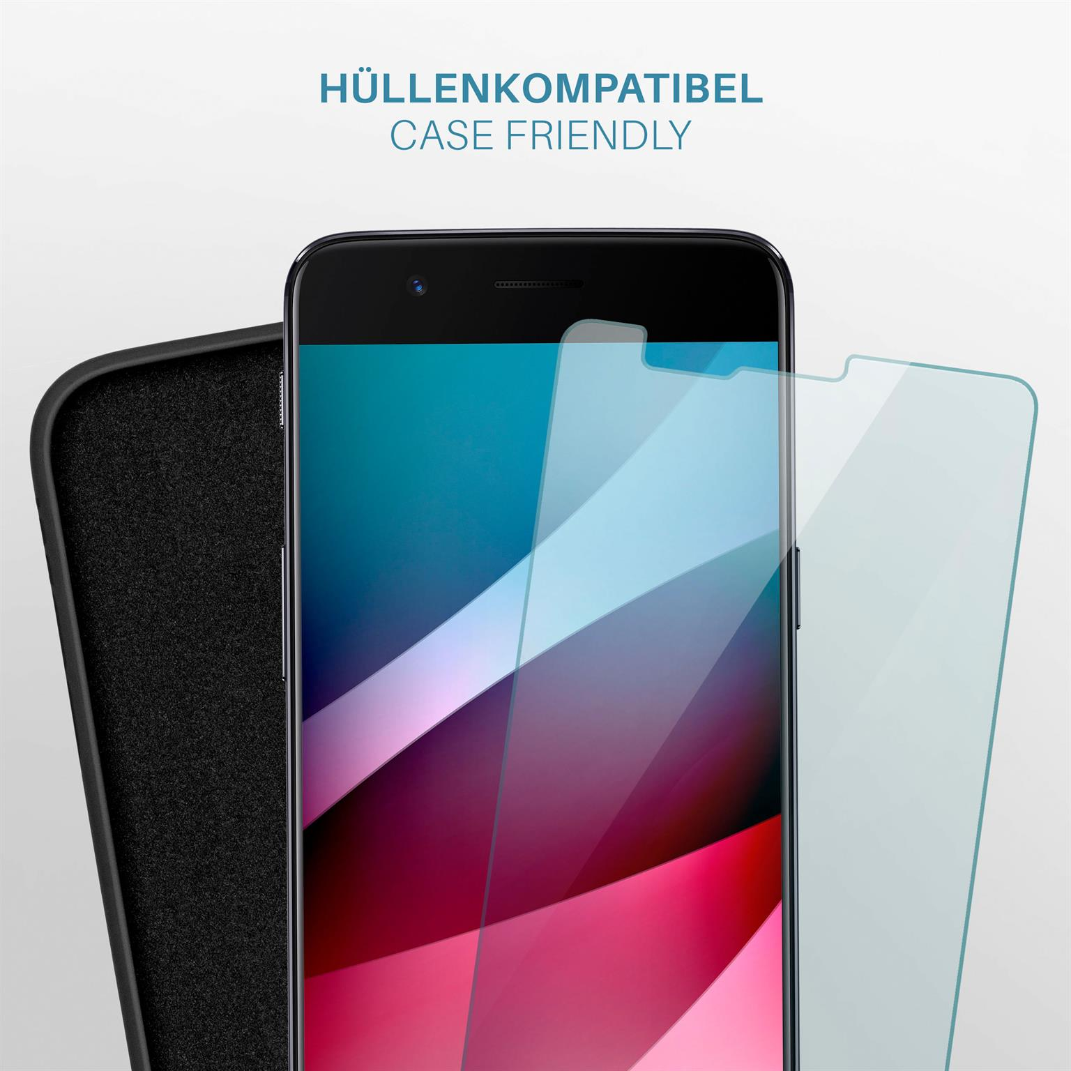 Telefon mit Displayschutz und Hülle. Text: Hüllenkompatibel.