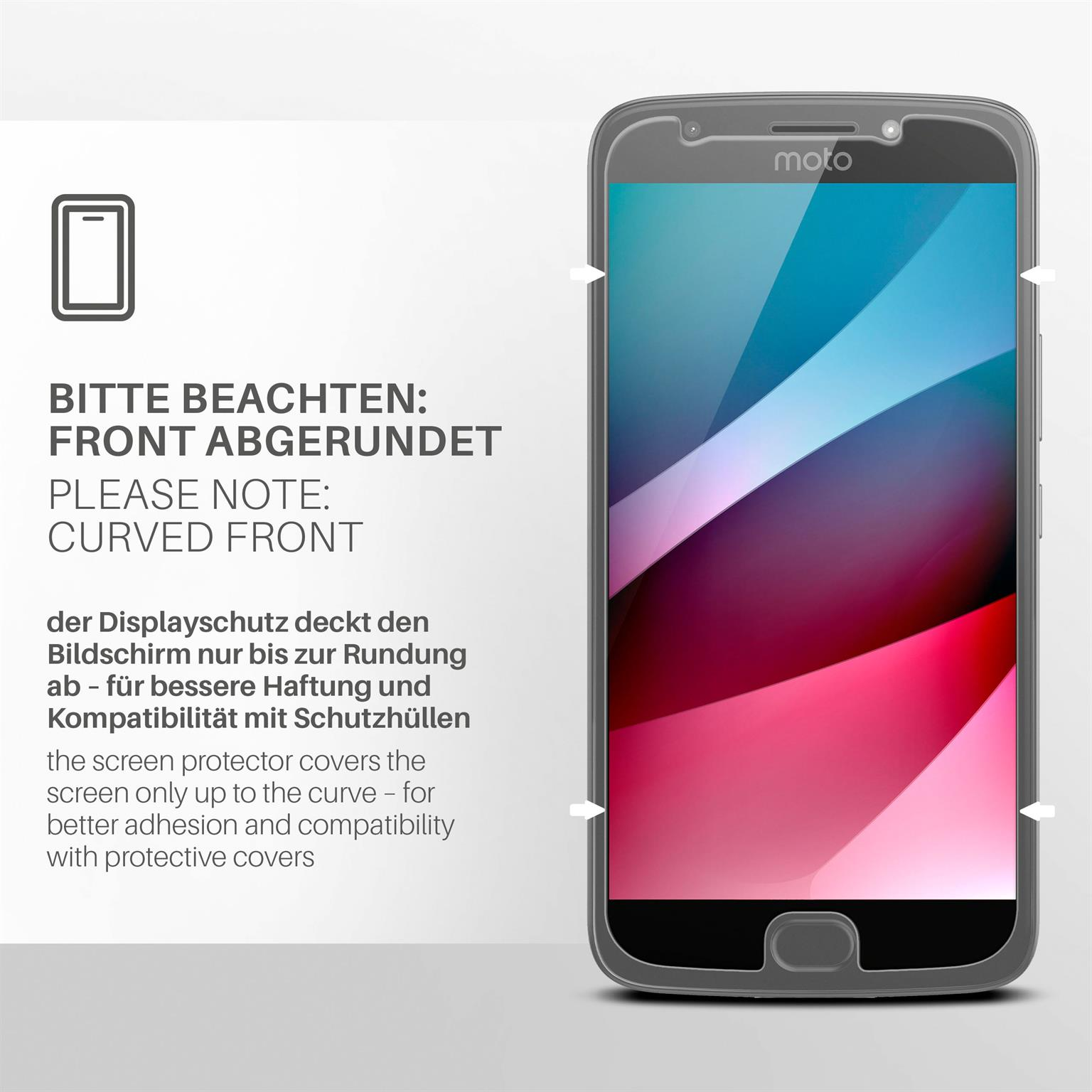 Telefon mit gewölbter Front. Text weist darauf hin, dass der Displayschutz nur bis zur Krümmung reicht.