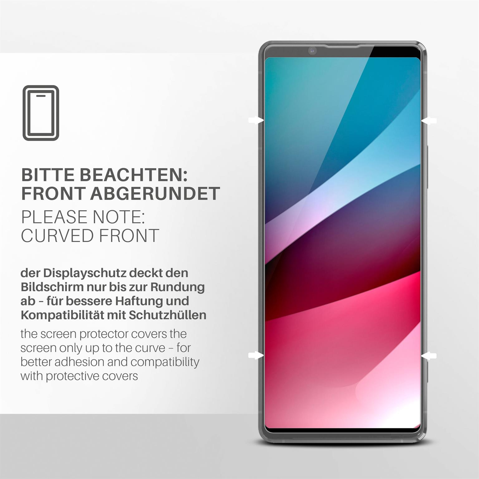 Das Bild zeigt ein Telefon mit Displayschutz. Der Displayschutz bedeckt die abgerundete Vorderseite des Telefons.