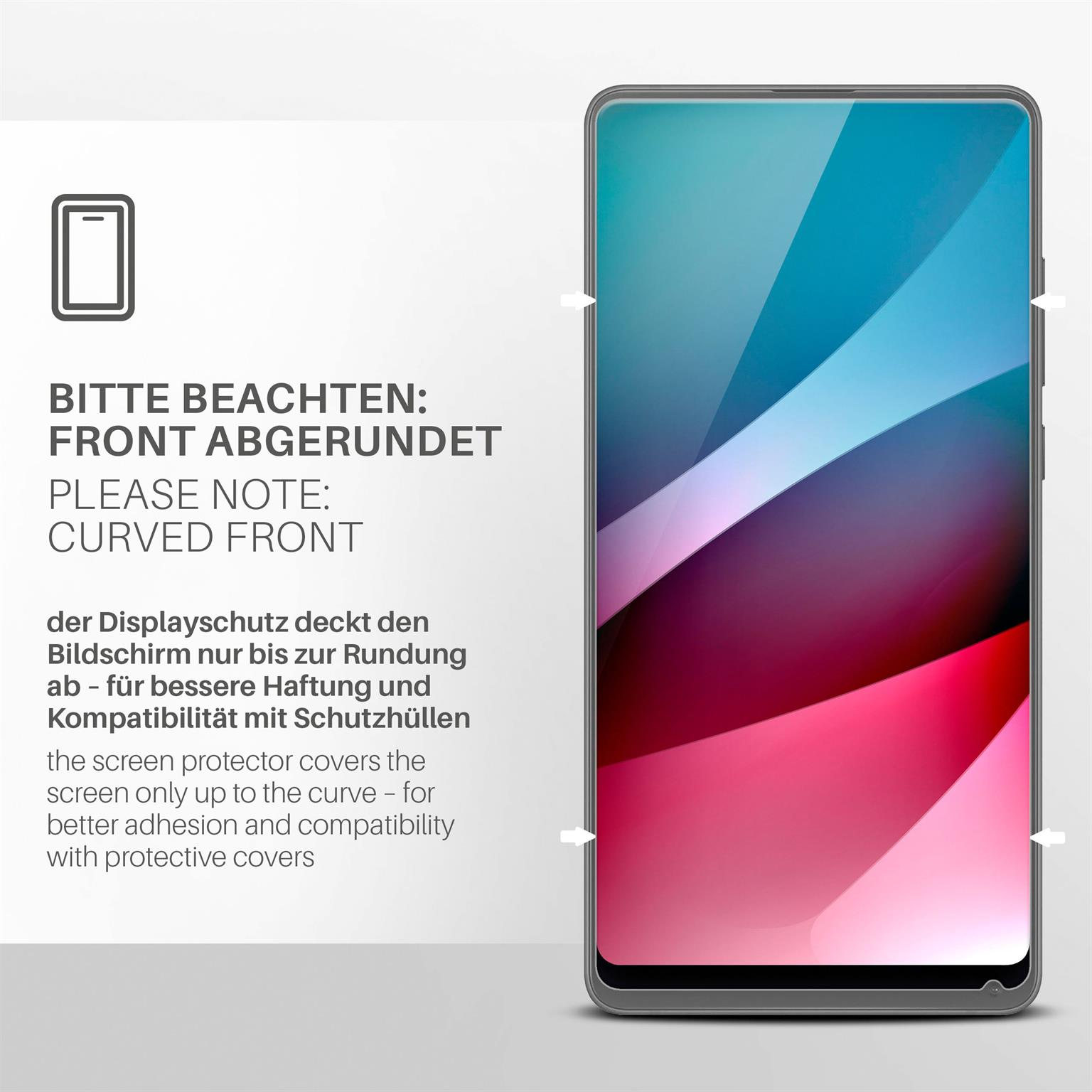 Ein Telefon zeigt ein gekrümmtes Display mit Displayschutz und Text über die gekrümmte Front mit Pfeilen.