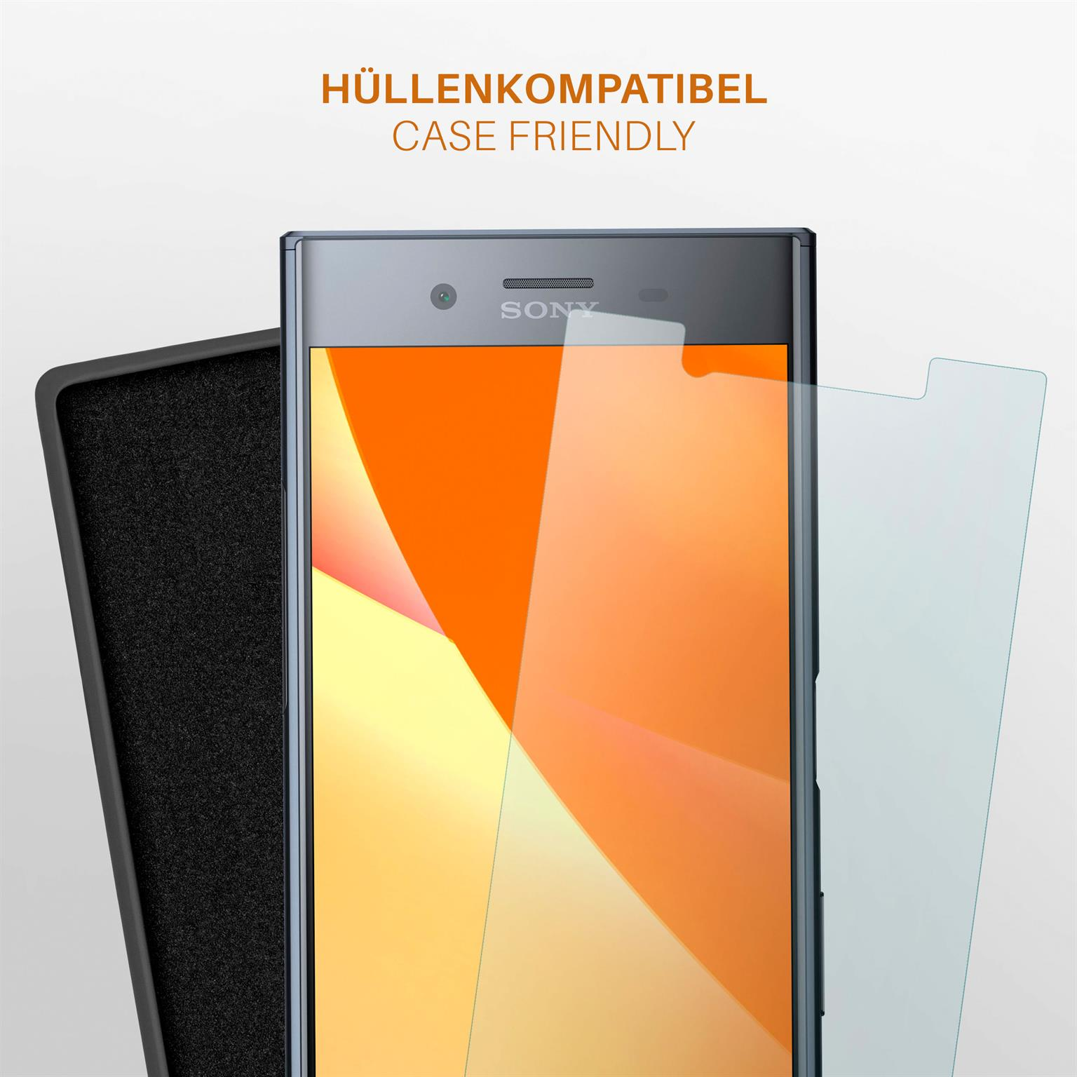 Sony-Telefon mit Displayschutzfolie und Hülle, vor weißem Hintergrund.