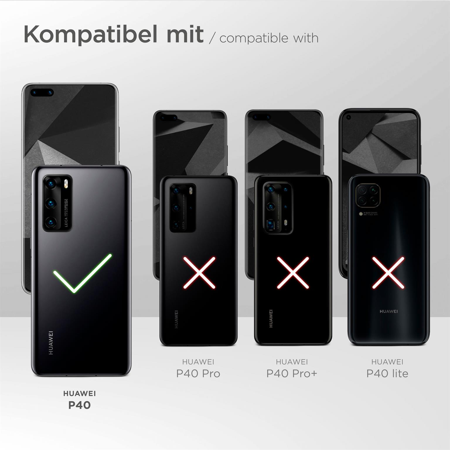 Schwarzes Huawei P40 mit grünem Häkchen, andere mit roten X, zeigt Kompatibilität.