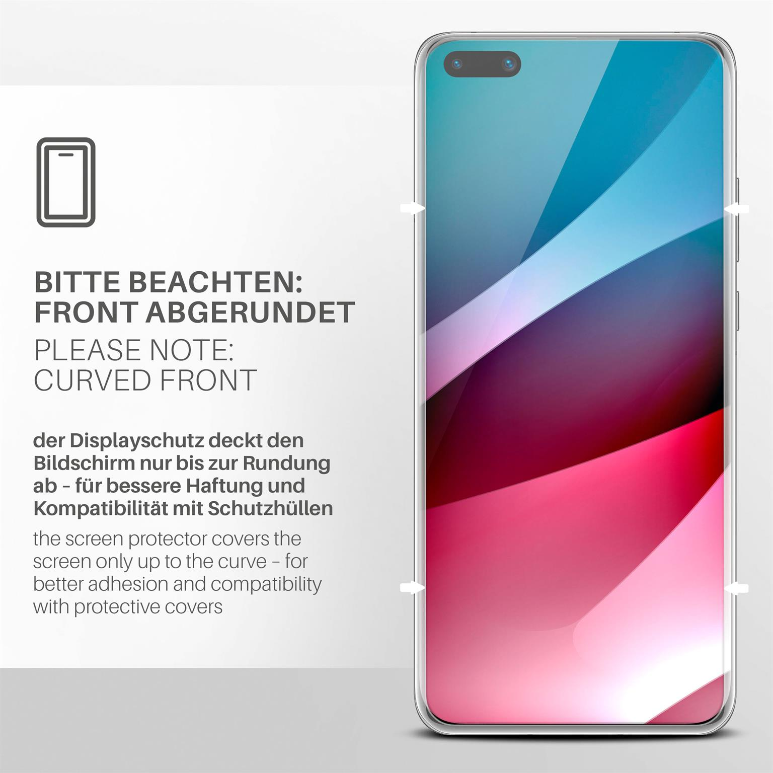 Telefon mit gewölbter Front, Displayschutz bedeckt Bildschirm, Hinweis auf gewölbte Front.