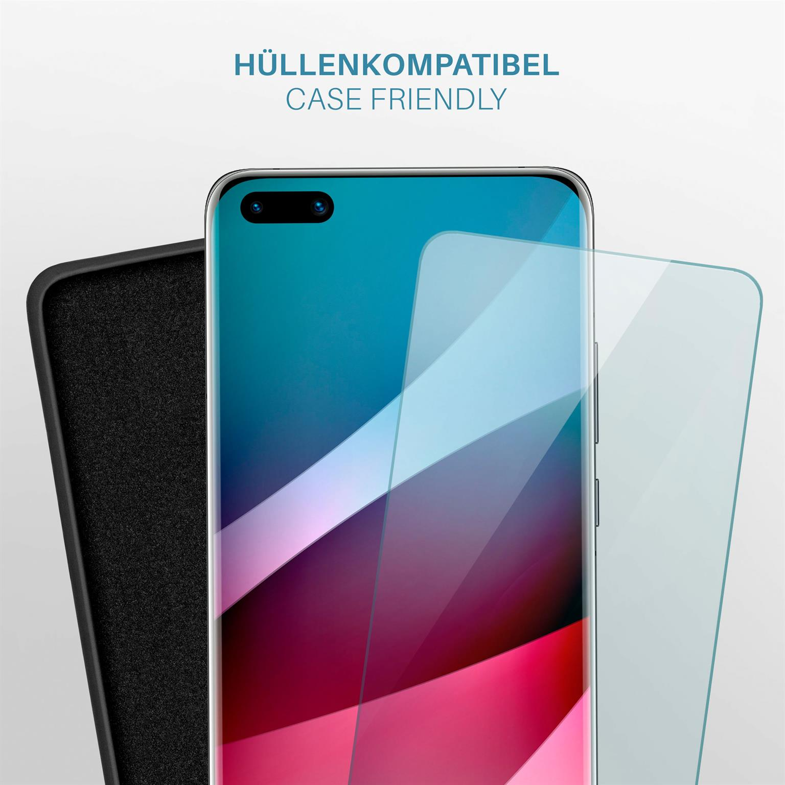 Telefon mit Displayschutz und Hülle. Zeigt die Kompatibilität von Hülle und Displayschutz.