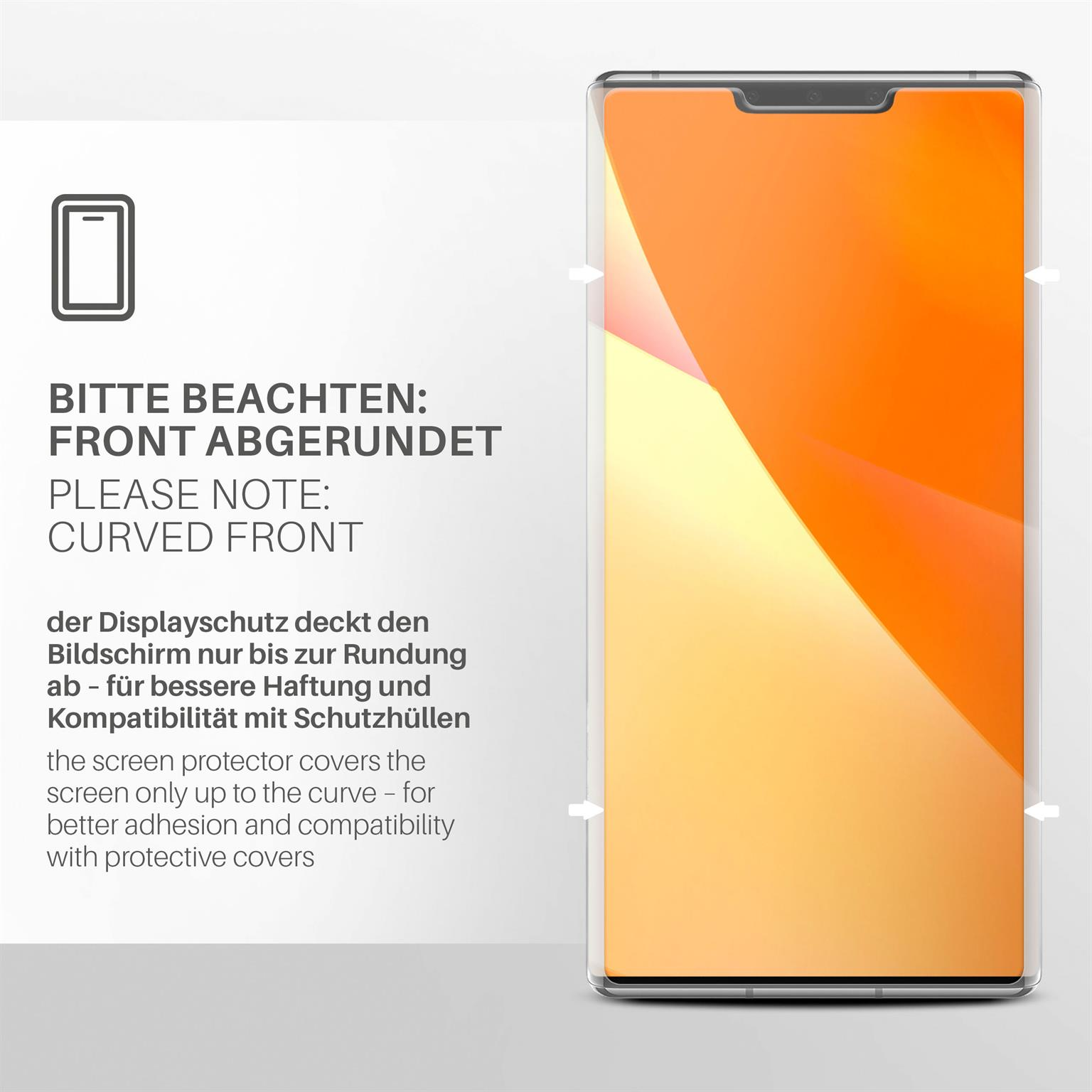 Ein Telefon mit einem orangenen Displayschutz. Text sagt "abgerundete Front".