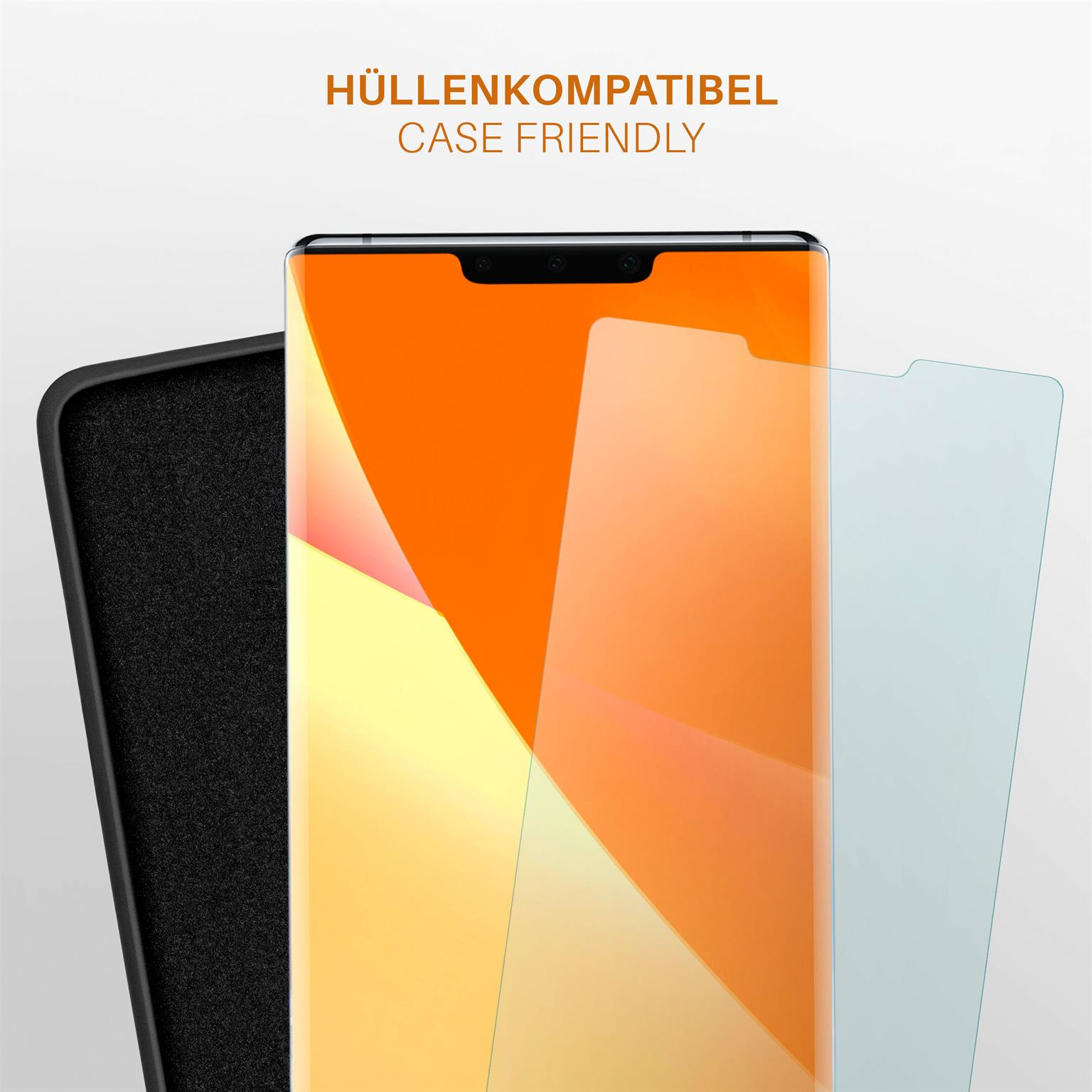 Ein modernes Telefon mit Displayschutzfolie und Hülle. Der Text lautet 'Case Friendly'.