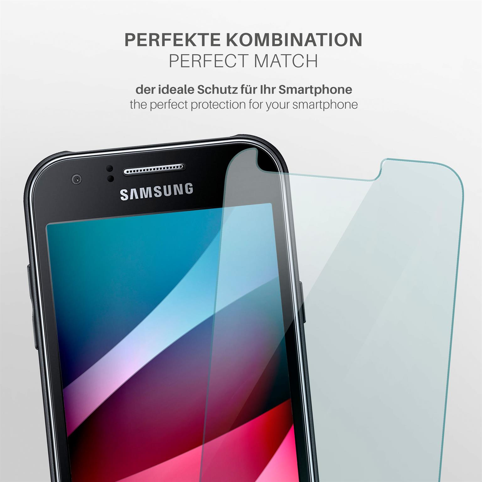 Ein Samsung-Telefon mit orangefarbenem Bildschirm neben einem Displayschutz.