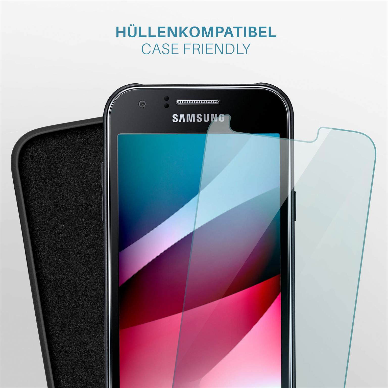 Telefonbildschirm und Displayschutzfolie sowie Gehäuse, alle nebeneinander. Text: Gehäusefreundlich.