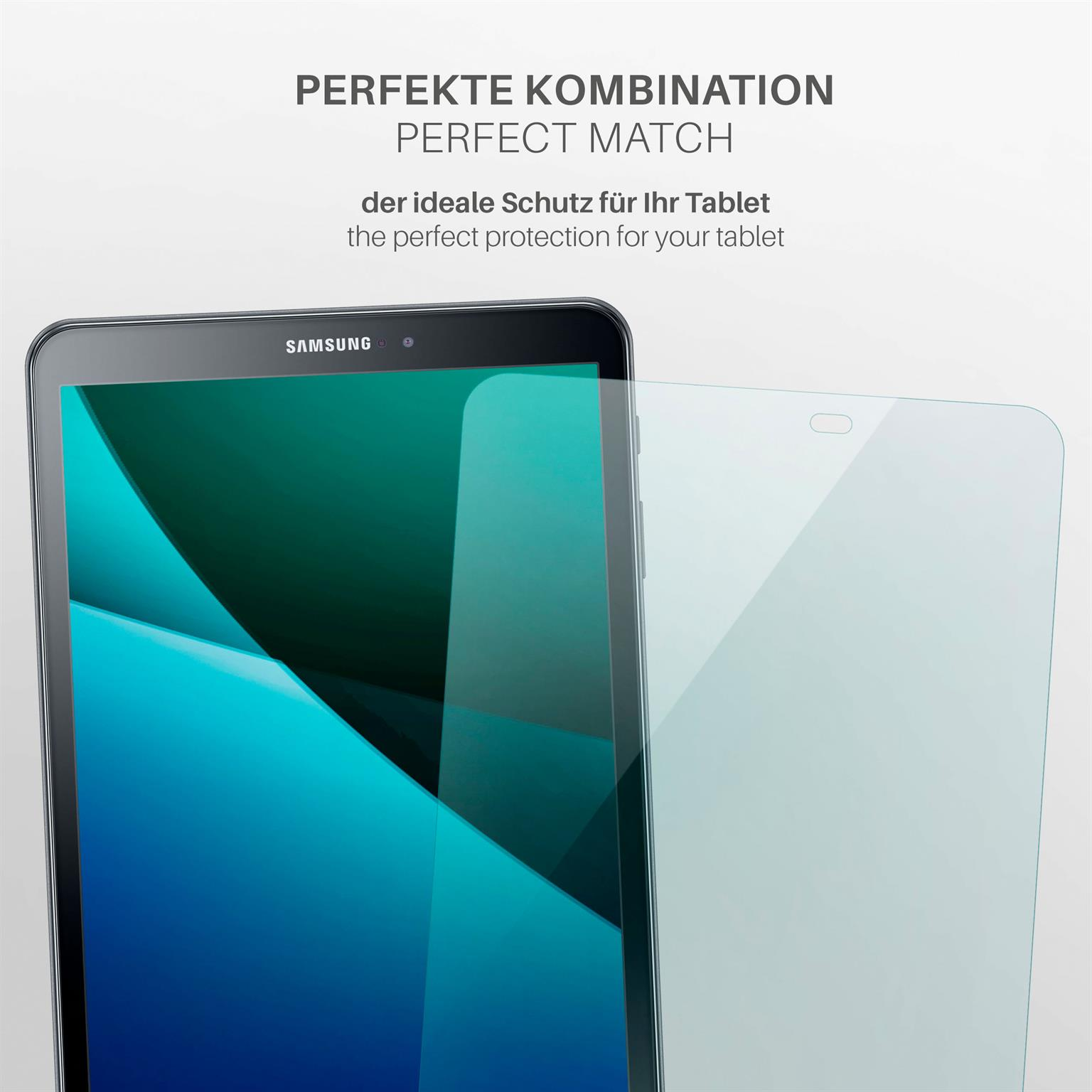 Ein Tablet mit angebrachtem Displayschutz, neben einem transparenten Displayschutz.