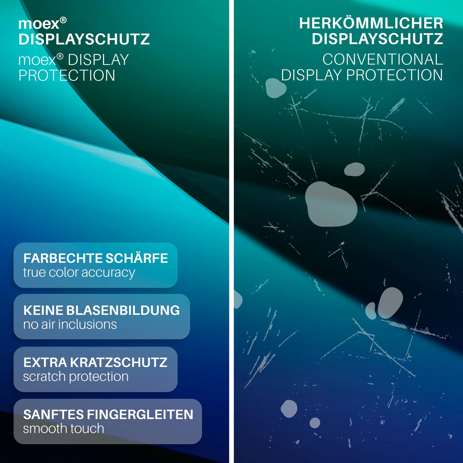 Vergleich der Displayschutzfunktionen: Klarheit, keine Blasen, Kratzschutz, sanfte Haptik. Blauer Hintergrund.