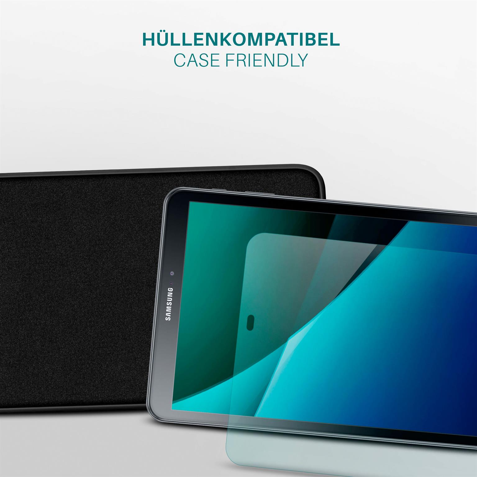 Ein Tablet mit Displayschutz und schwarzer Hülle, mit Text über Hüllenfreundlichkeit.