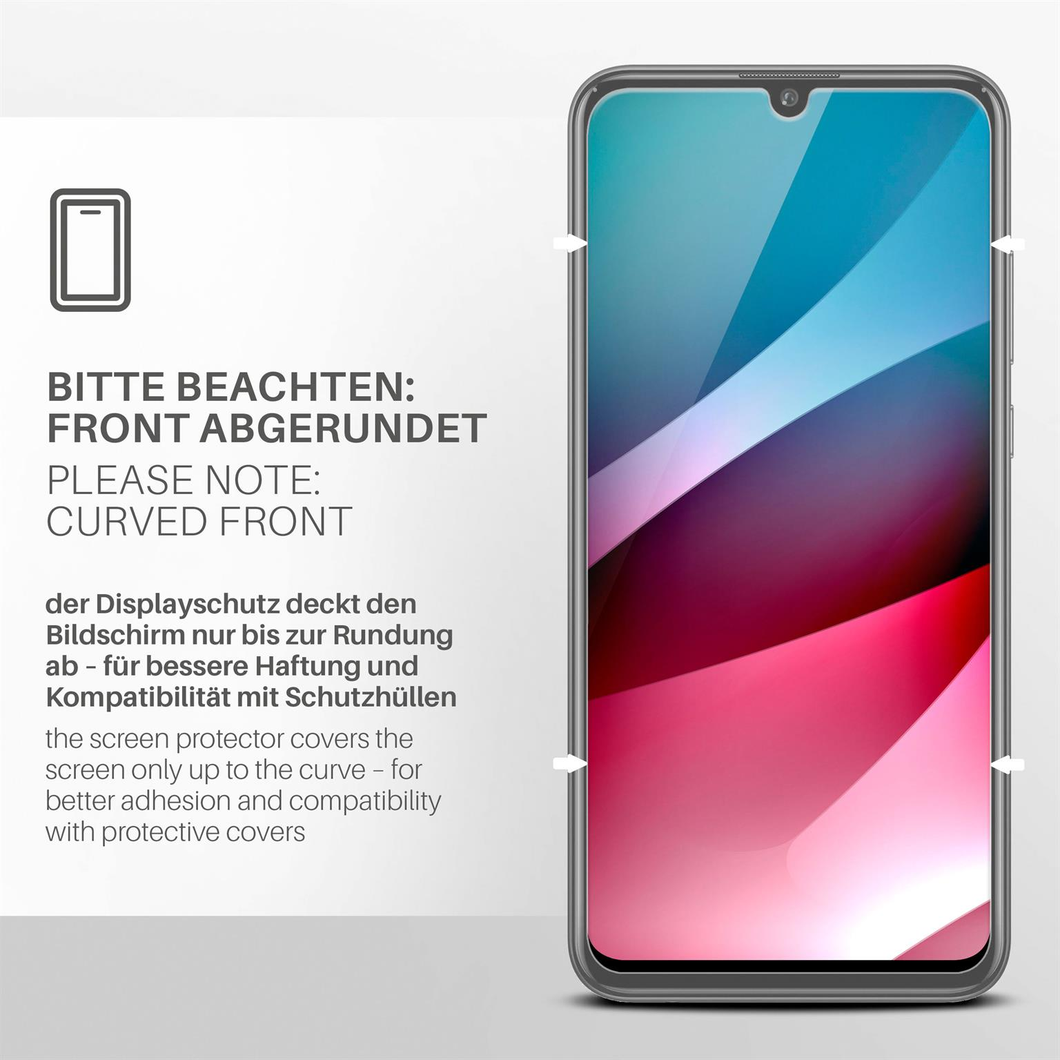 Telefonbildschirm mit gebogener Vorderseite, Text deutet auf Schutzfolie für gebogene Bildschirme hin.