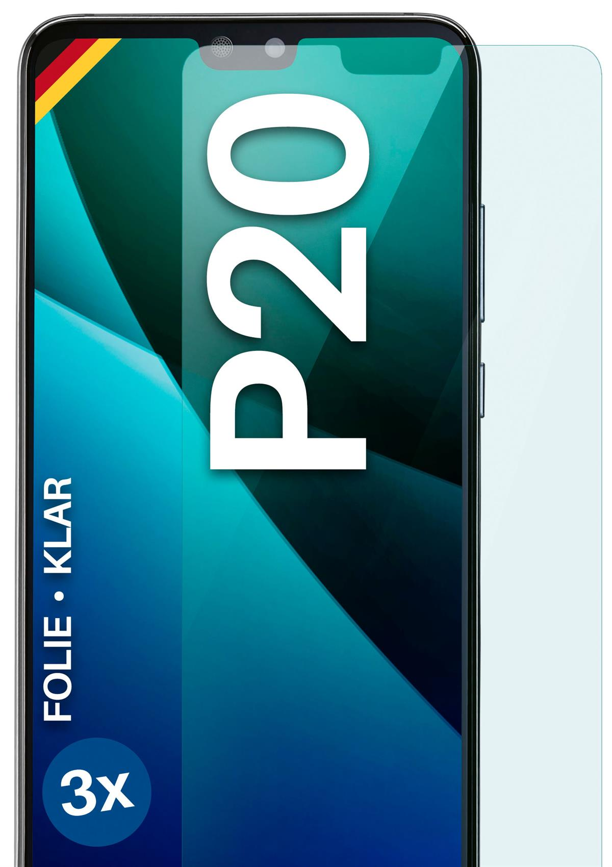 Ein Telefon mit blauem Displayschutz. Der Bildschirm zeigt 'P20'.