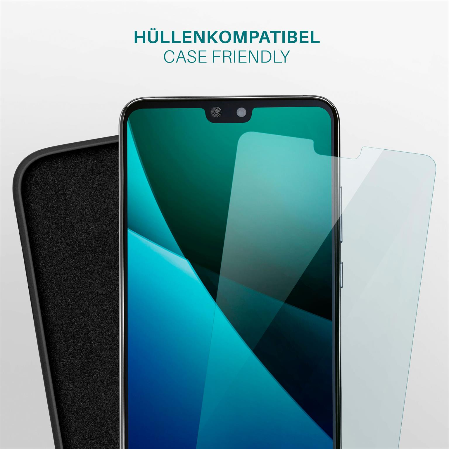 Telefon mit Displayschutz und Hülle, zeigt das gehäusefreundliche Design.