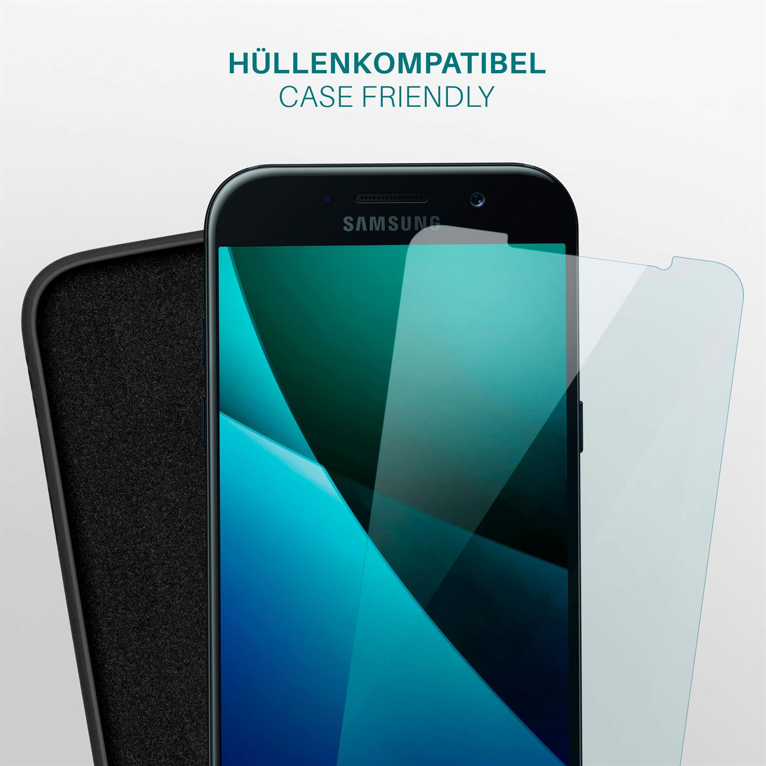 Ein Handy und eine Hülle, mit Displayschutz und dem Samsung-Logo.