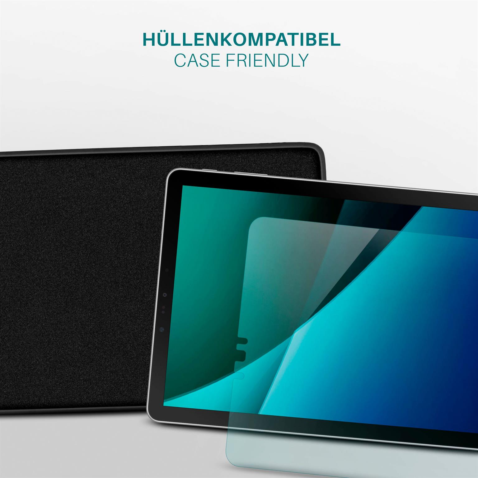 Eine schwarze Tablethülle und ein Tablet-Bildschirm mit Displayschutzfolie. Text: Hüllenkompatibel.