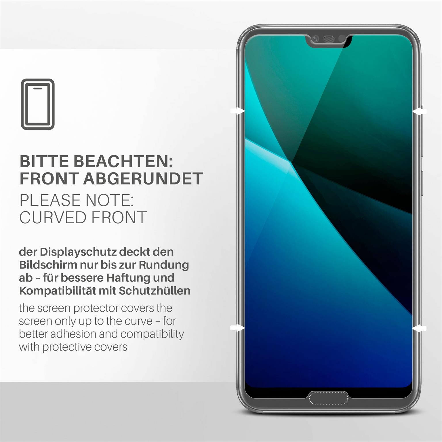 Ein Telefonbildschirm mit gewölbter Vorderseite und Displayschutz, der nur einen Teil bedeckt.