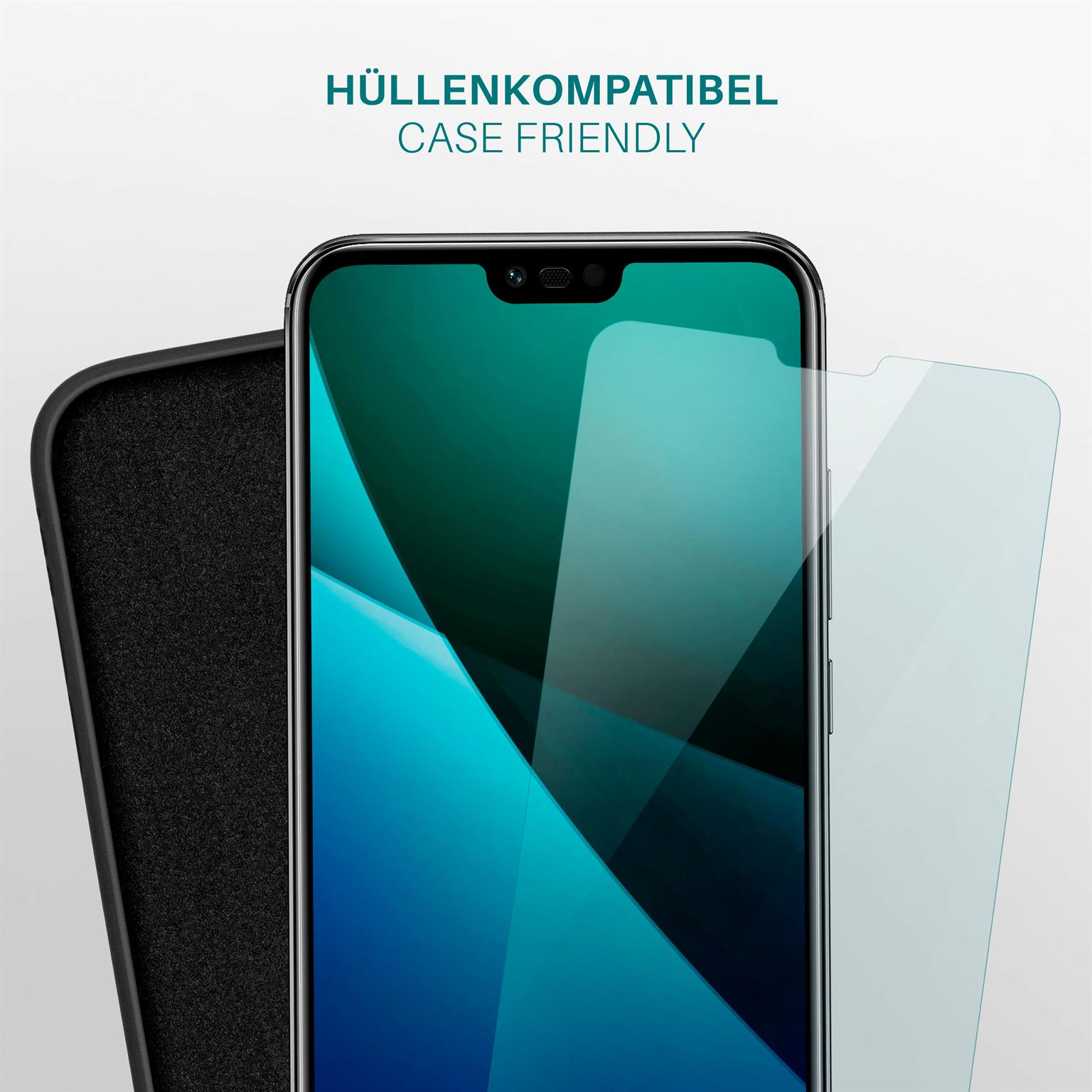 Telefonschutzfolie, Hülle und Telefon. Der Bildschirm zeigt ein blau-grünes abstraktes Bild.