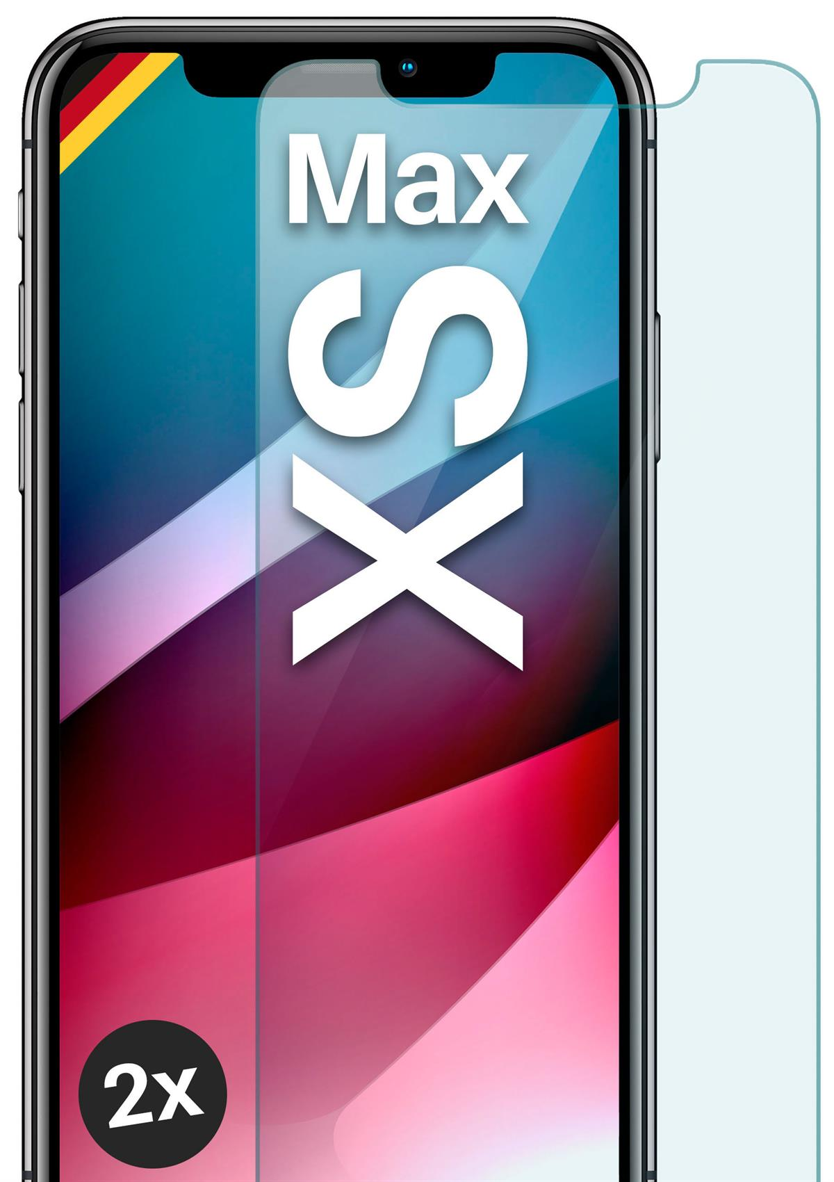 Smartphone mit XS Max auf dem Bildschirm und angebrachter Schutzfolie.