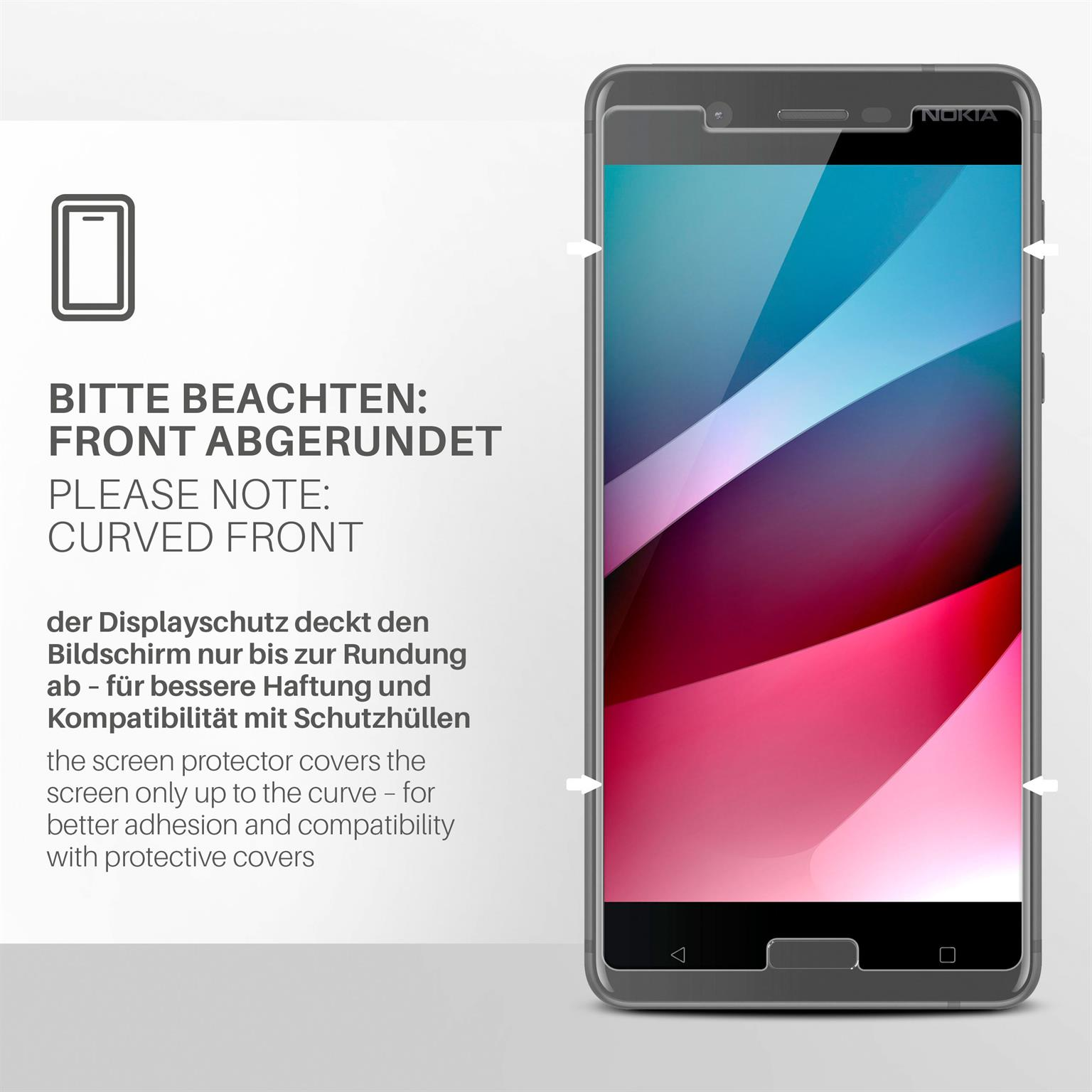 Displayschutzfolie auf einem Telefon. Text: Bitte beachten: Abgerundete Front. Der Bildschirm ist blau und rosa.