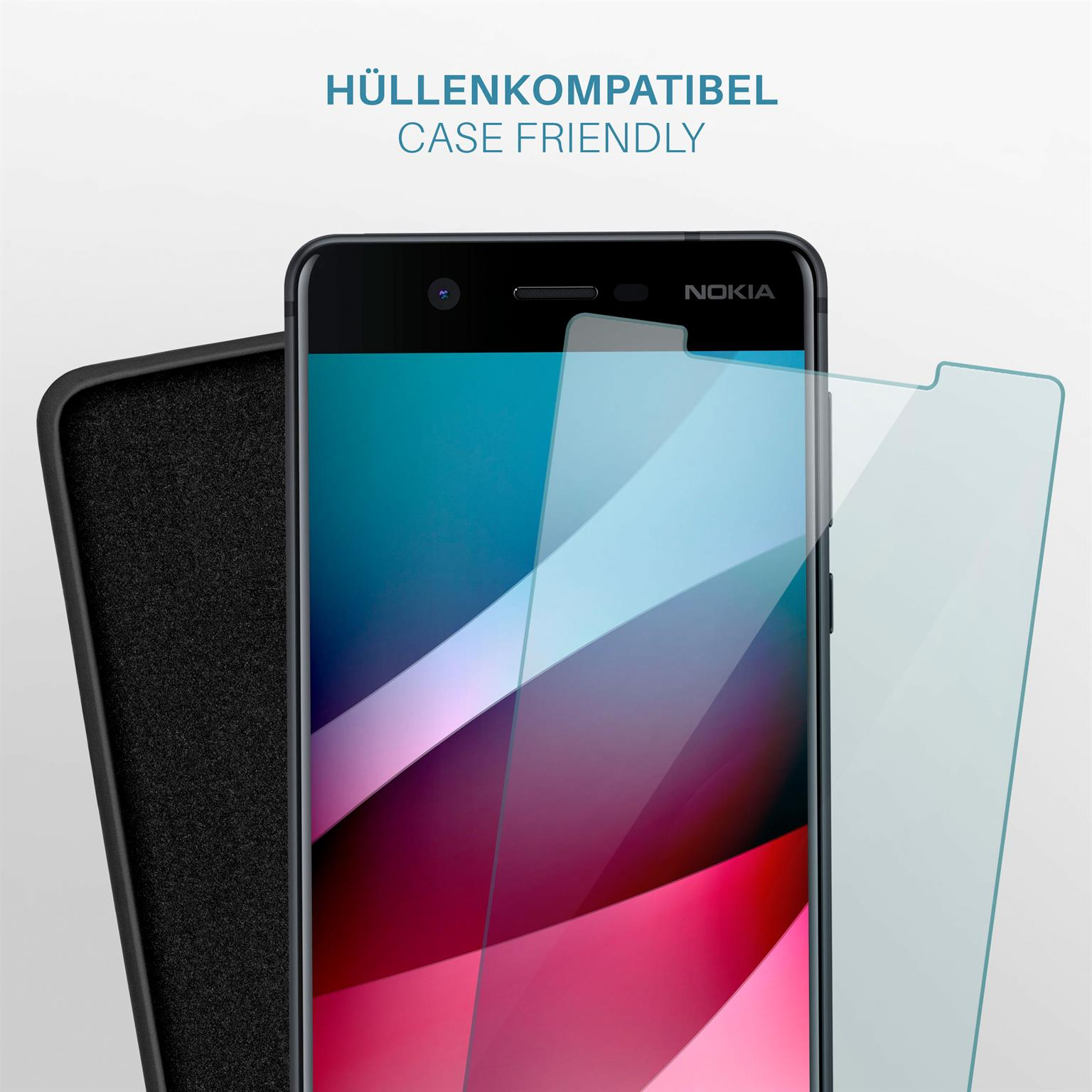 Telefon mit Displayschutz und Hülle. Text: Hüllenfreundlich. Telefon ist schwarz mit aufgetragenem Displayschutz.