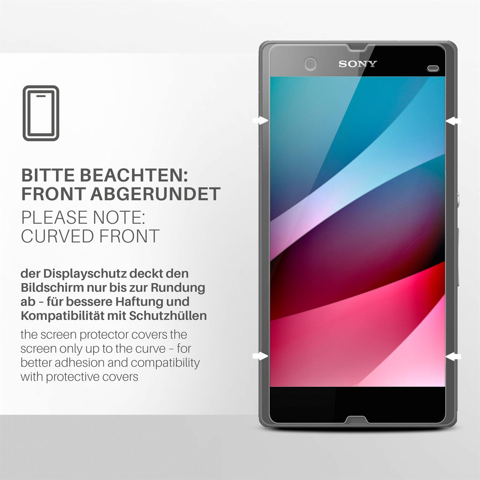 Bild eines Telefons mit gewölbter Front, zeigt den Displayschutz, der nur einen Teil des Bildschirms bedeckt.