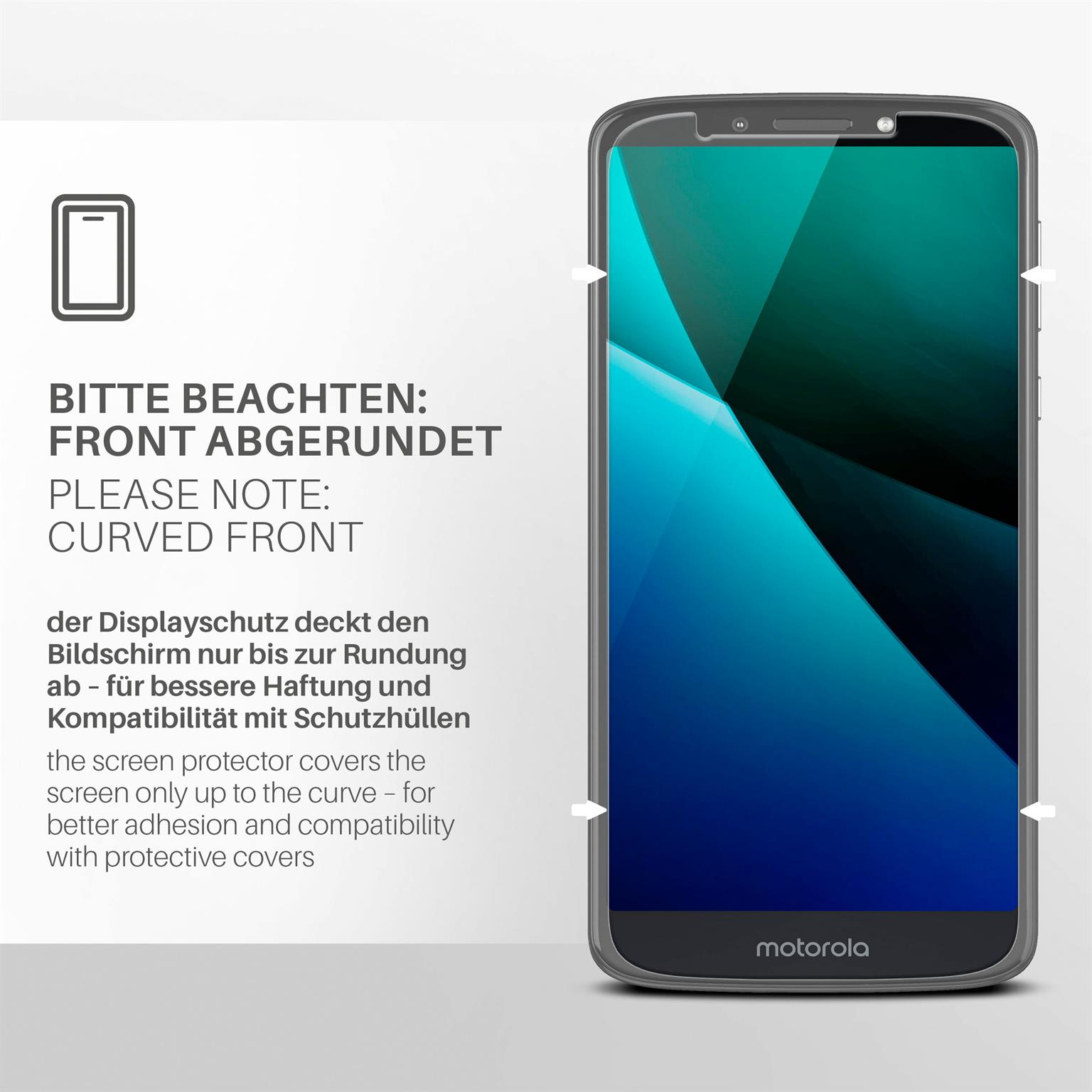 Ein Telefonbildschirm mit Schutz. Text erwähnt gewölbte Front. Grauer Rahmen und grün/blauer Bildschirm.