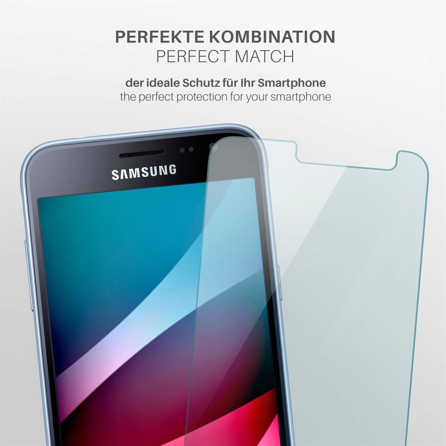 Das Bild zeigt ein Samsung-Handy, auf das eine Displayschutzfolie angebracht wird, was eine perfekte Übereinstimmung zeigt.