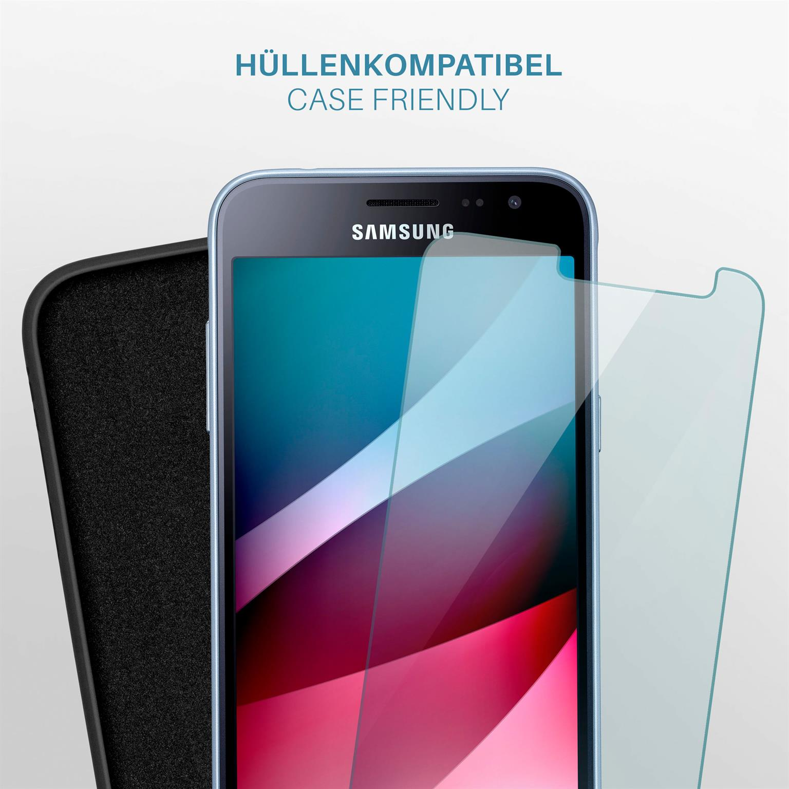 Ein Telefon mit Displayschutzfolie neben einer schwarzen Hülle.